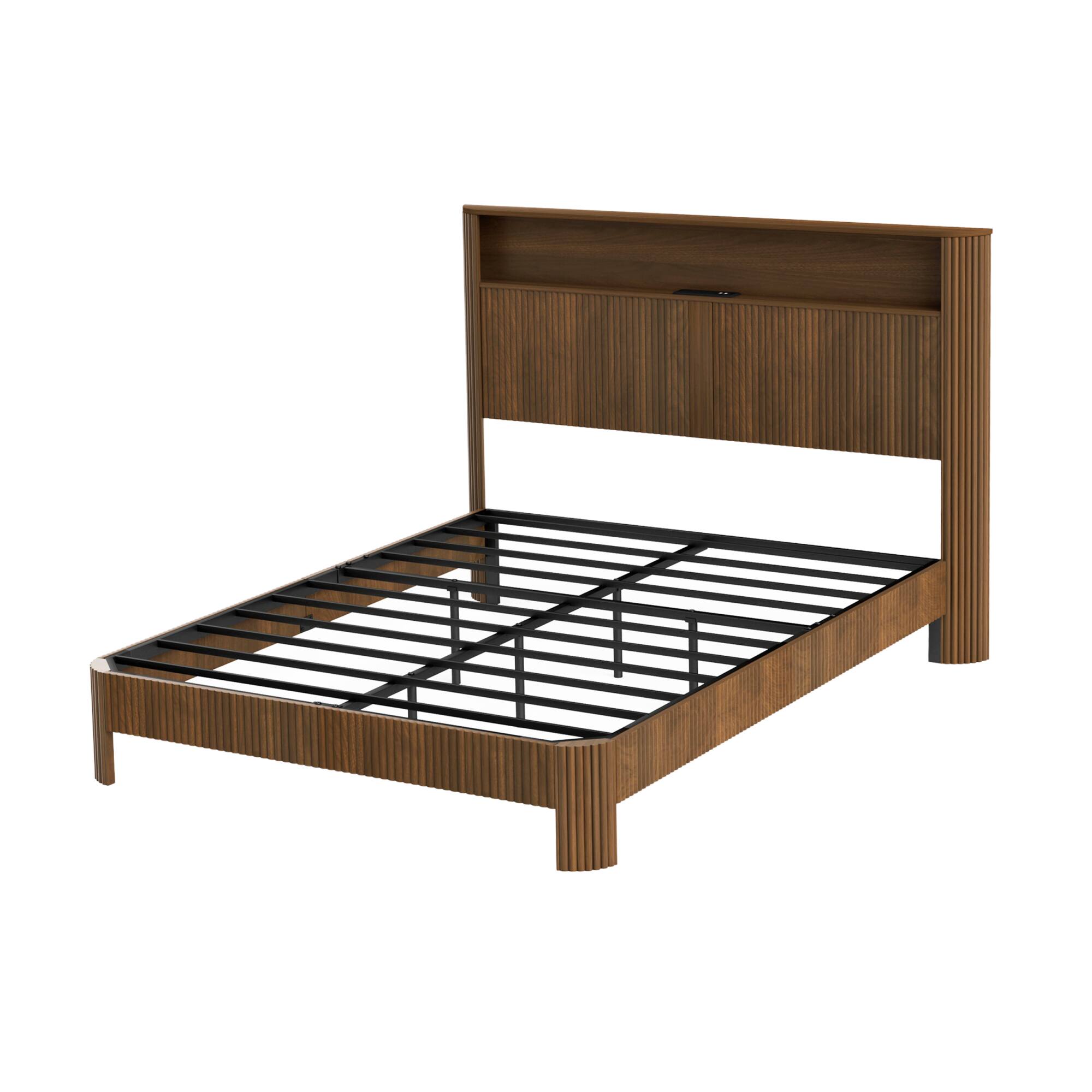 Alt View 4. GOODSILO - Queen Size Storage Bed Frame with Charging Station and Wavy Curved Headboard Design in Natural Finish - Walnut.