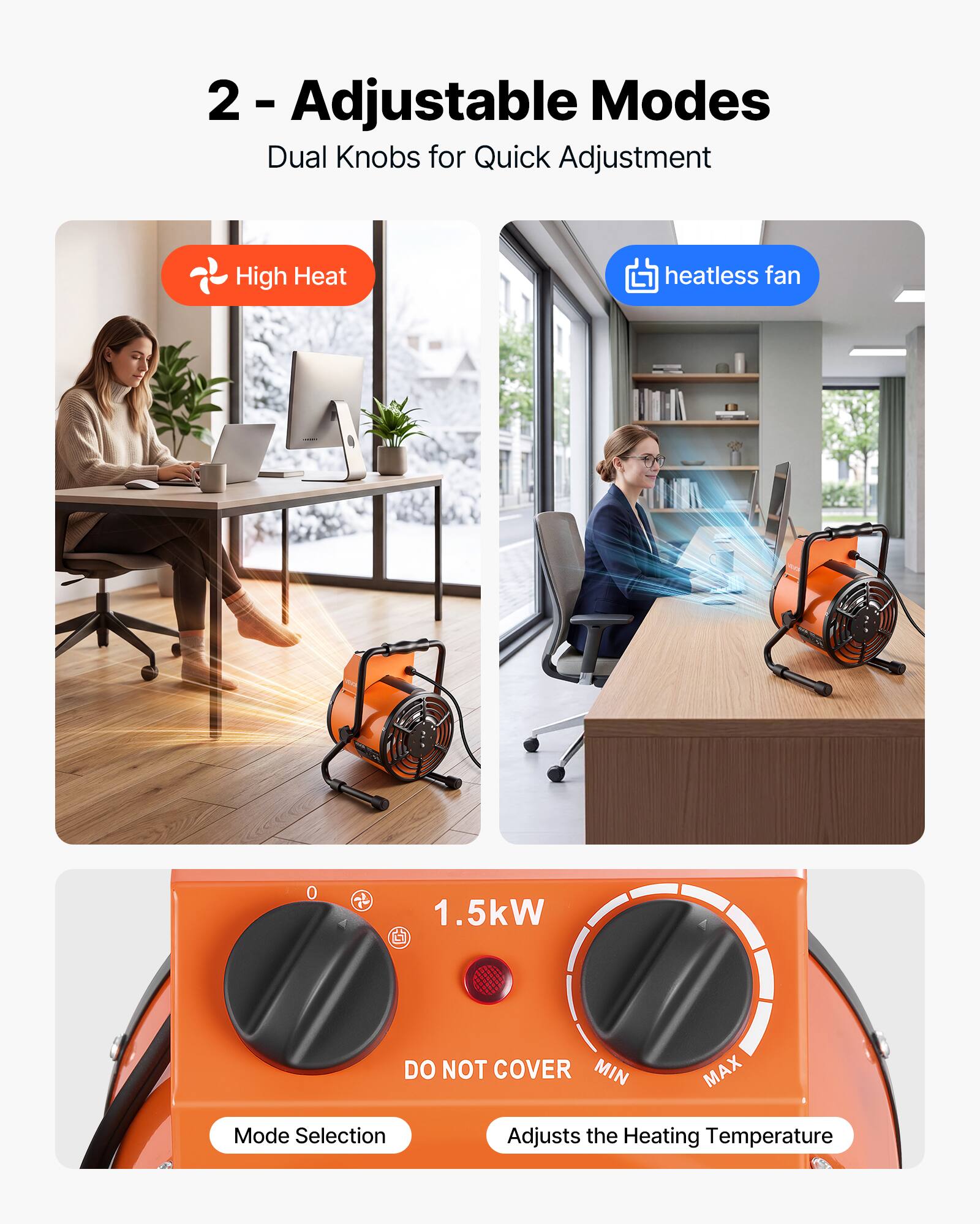 2 - Adjustable Modes  
Dual Knobs for Quick Adjustment

- High Heat
- Heatless Fan

1.5kW

DO NOT COVER  
MIN  
MAX

Mode Selection  
Adjusts the Heating Temperature