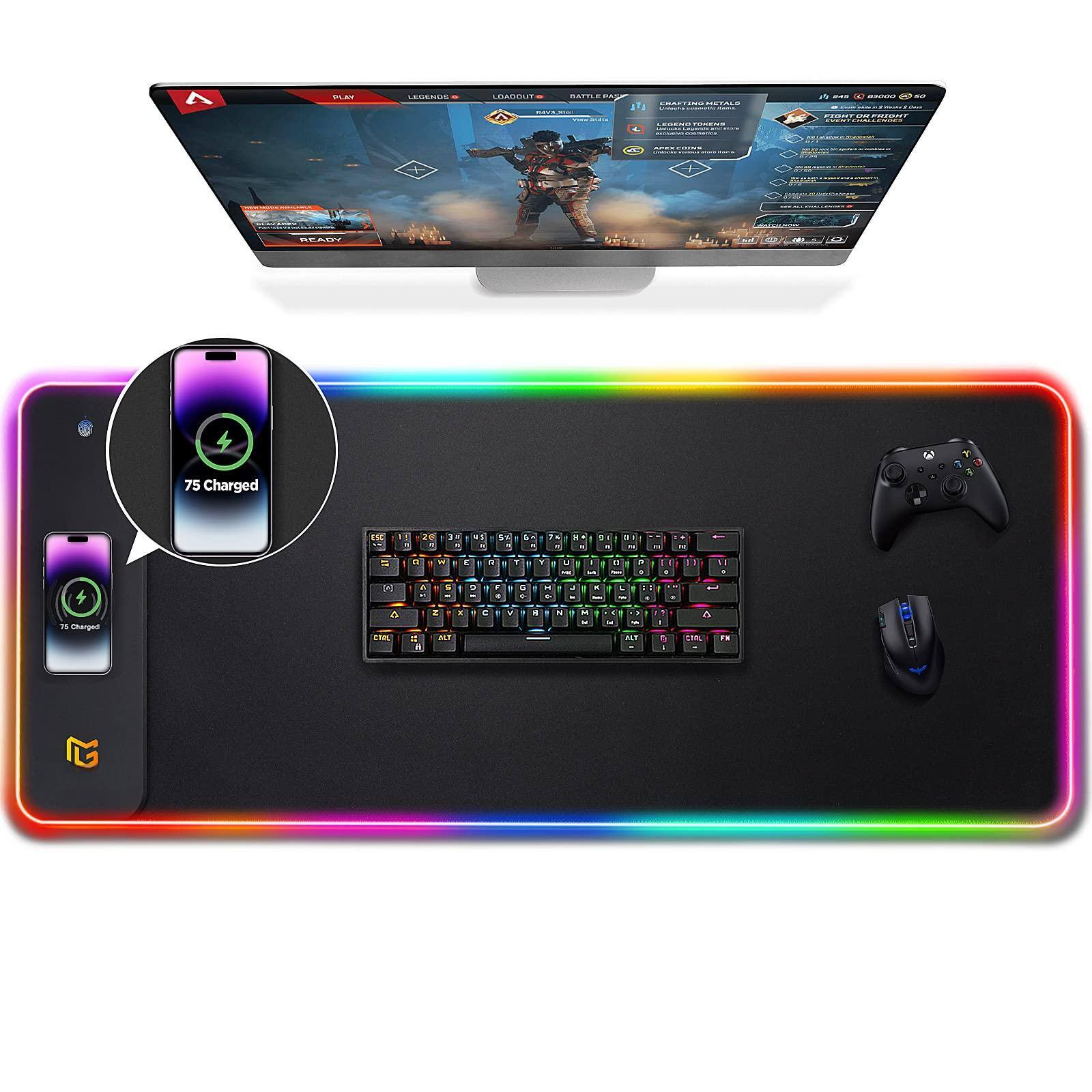 Fabibe - Mouse Pad Keyboard Mouse 10 RGB ULTRA EDGING Gaming Wireless Charging Mousepad With Light Modes Large Smooth Surface - Black-RGB+Wireles Charging