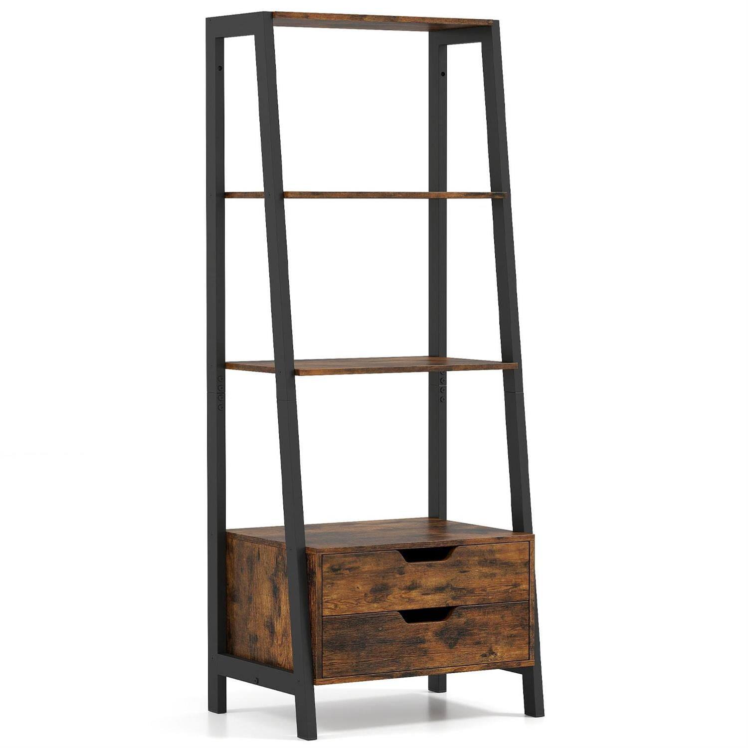 Left. Pefilos - 4-Tier Ladder Shelf - 52.5-Inch Heavy-Duty Anti-Tip, 2 Drawers, Freestanding Bookcase, Rustic Brown - Brown.