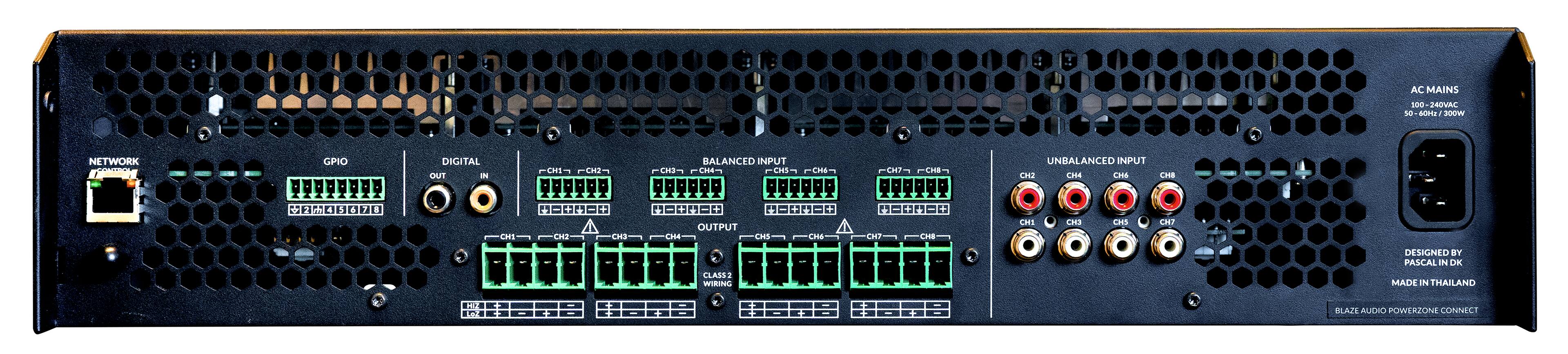 AC MAINS  
100-240VAC  
50-60Hz/300W  

NETWORK  
GPIO  
DIGITAL IN  
DIGITAL OUT  
BALANCED INPUT  
OUTPUT  
UNBALANCED INPUT  

DESIGNED BY  
PASCAL DK  
MADE IN THAILAND  

BLAZE AUDIO POWERZONE CONNECT