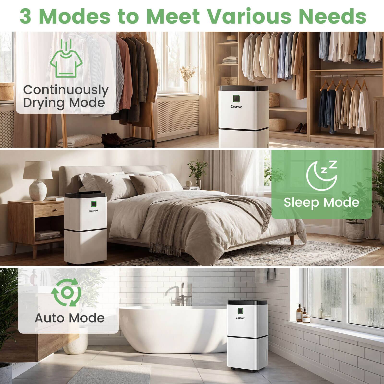 3 Modes to Meet Various Needs

- Continuously Drying Mode
- Sleep Mode
- Auto Mode