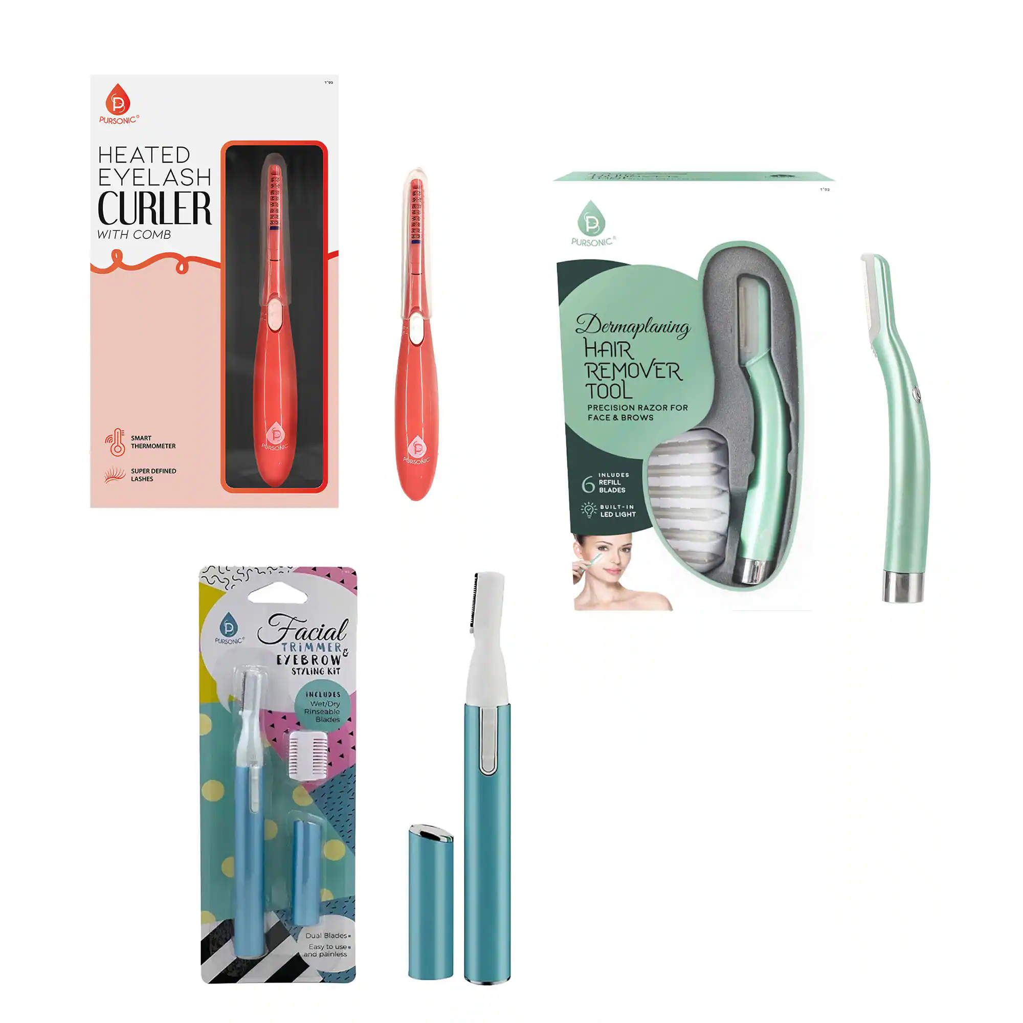 Pursonic
HEATED EYELASH CURLER WITH COMB
SMART THERMOMETER
SUPER DEFINED LASHES
Pursonic
Dermaplaning HAIR REMOVER TOOL
PRECISION RAZOR FOR FACE & BROWS
INCLUDES 6 BLADES
Pursonic
Facial TRIMMER & EYEBROW STYLING KIT
INCLUDES:
- Removable Trimmer
- Dual Blades
- Easy to use