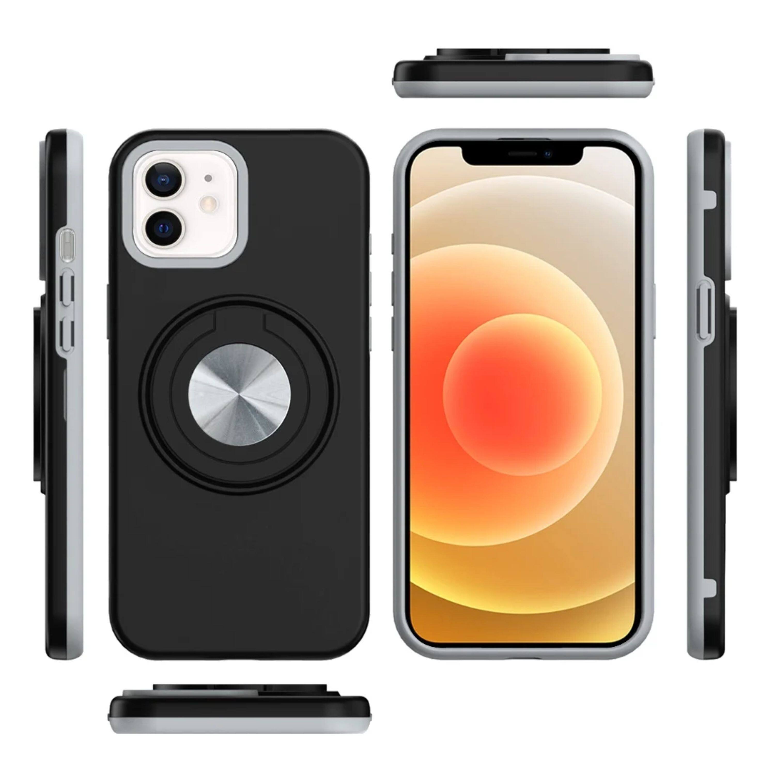 Angle. Kitcheniva - Solid Rugged Shockproof Phone Case With 360 Stand Tempered Glass For iPhone 12/12 Pro Black - Black.