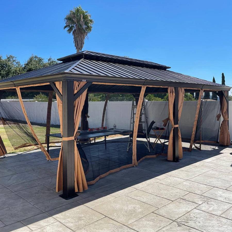 Alt View 1. PURPLE LEAF - 14' X 24' Outdoor Aluminum Hardtop Gazebo with Metal Double Roof with Netting and Curtains, Khaki Permanent Pavilion - 14' X 24'.