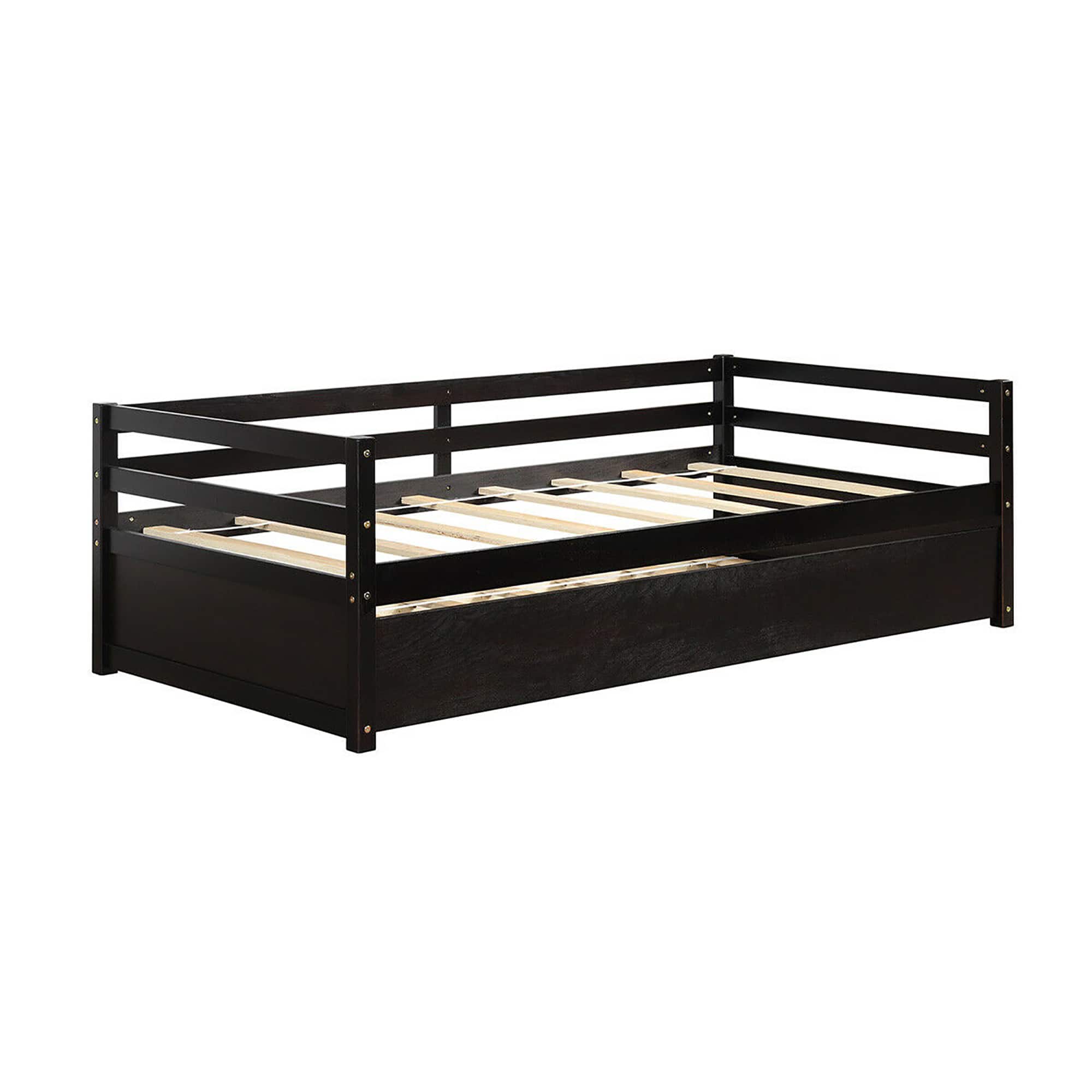 Costway - Twin Size Trundle Daybed Wooden Slat Support Mattress Platform - Espresso