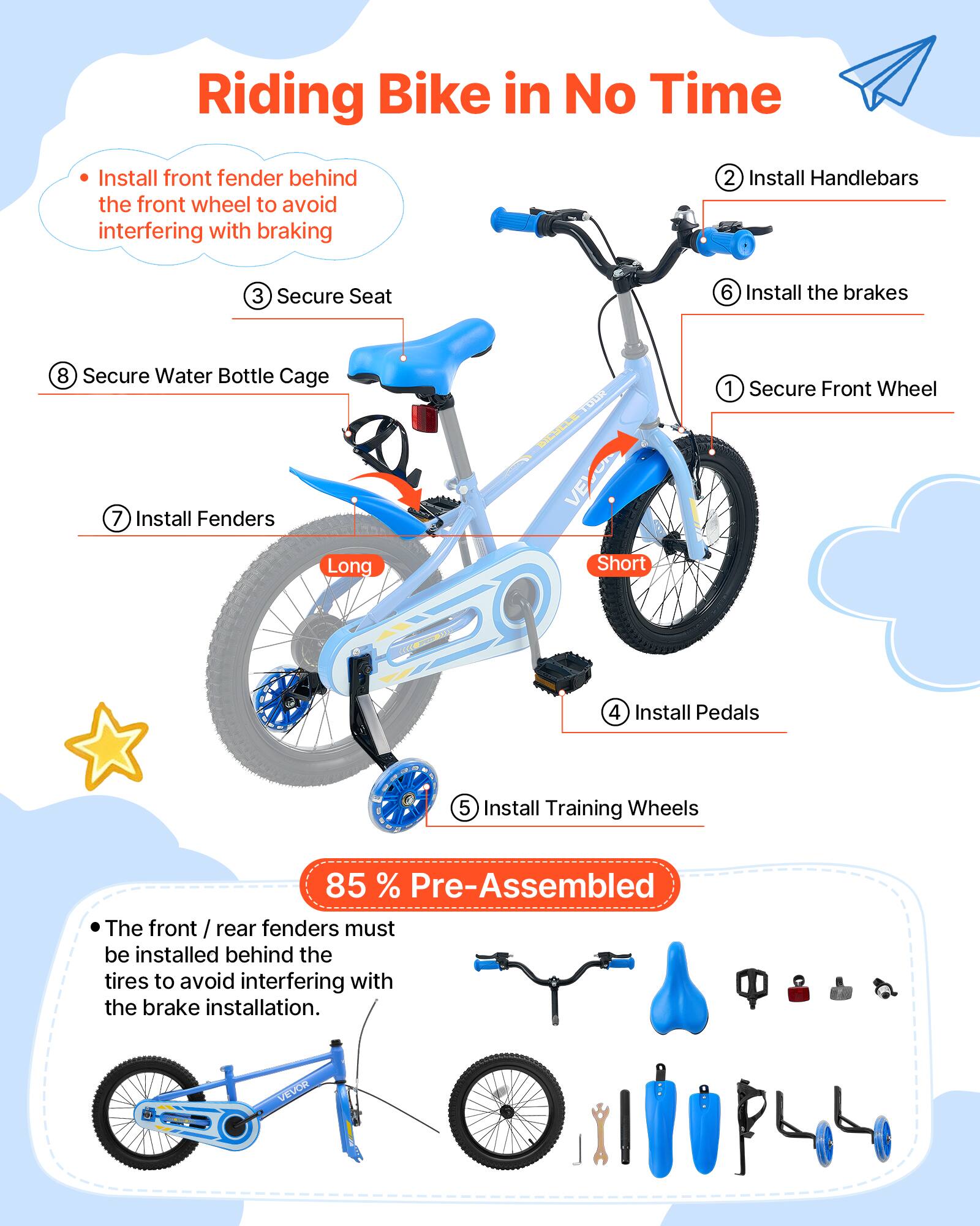 Riding Bike in No Time

1. Secure Front Wheel
2. Install Handlebars
3. Secure Seat
4. Install Pedals
5. Install Training Wheels
6. Install the brakes
7. Install Fenders
8. Secure Water Bottle Cage

85% Pre-Assembled

The front / rear fenders must be installed behind the tires to avoid interfering with the brake installation.