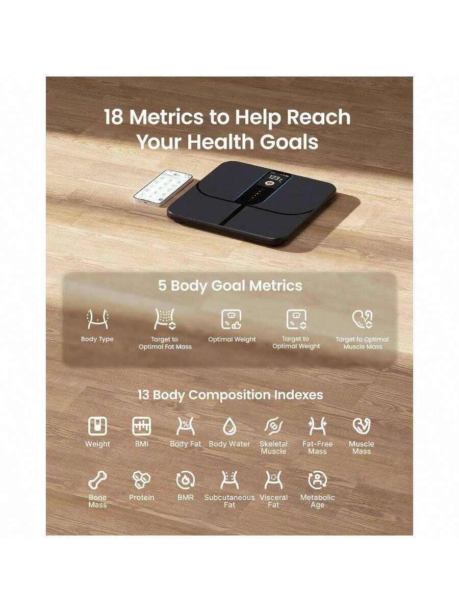 18 Metrics to Help Reach Your Health Goals

5 Body Goal Metrics
- Body Type
- Target to Optimal Fat Mass
- Optimal Weight
- Target to Optimal Weight
- Target to Optimal Muscle Mass

13 Body Composition Indexes
- Weight
- BMI
- Body Fat
- Body Water
- Skeletal Muscle
- Fat-Free Mass
- Muscle Mass
- Bone Mass
- Protein
- BMR
- Subcutaneous Fat
- Visceral Fat
- Metabolic Age