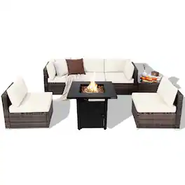 Costway - 7 PCS Patio Furniture Set with 28" 50000 BTU Propane Gas Fire Pit Table Cushions - Off White