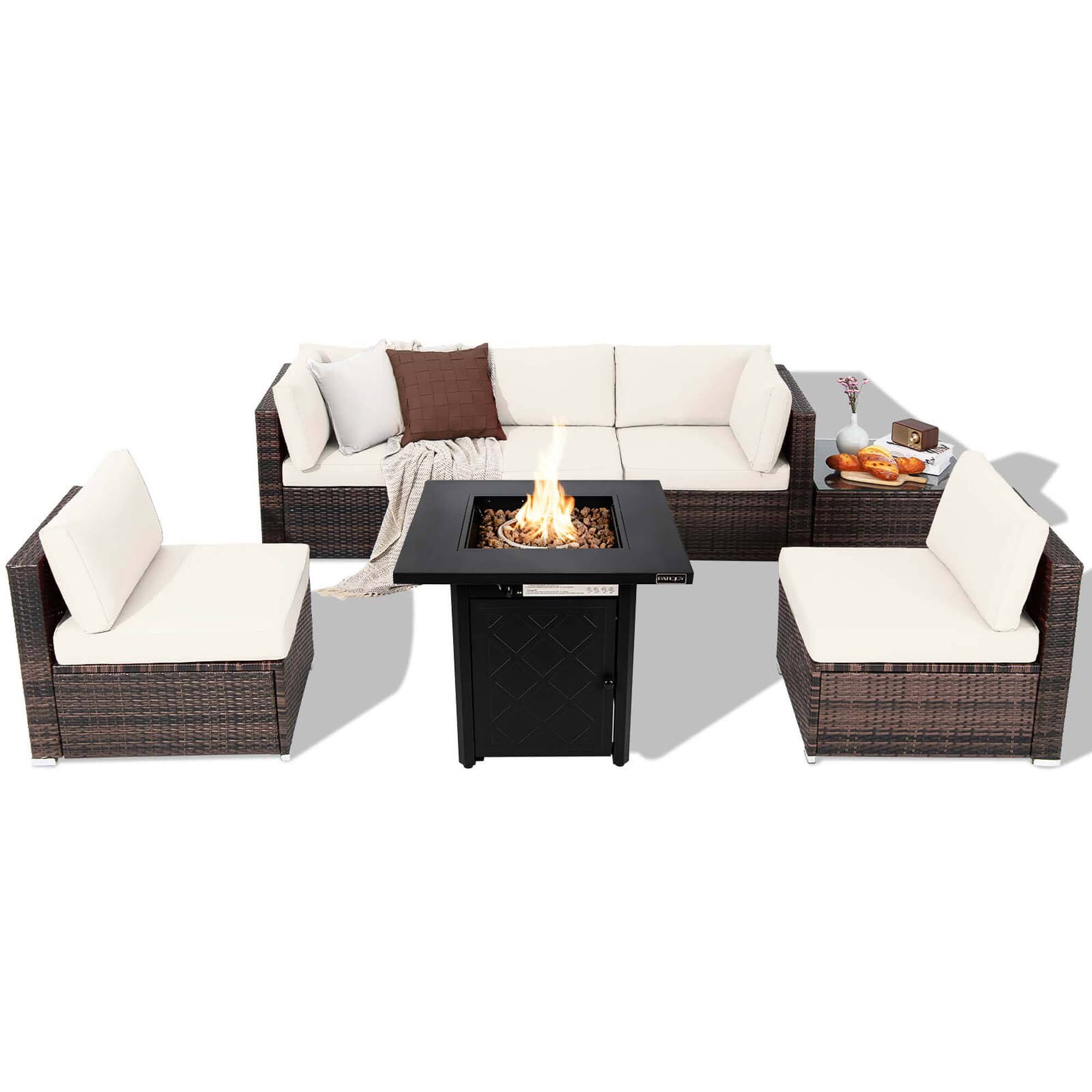 Front. Costway - 7 PCS Patio Furniture Set with 28" 50000 BTU Propane Gas Fire Pit Table Cushions - Off White.