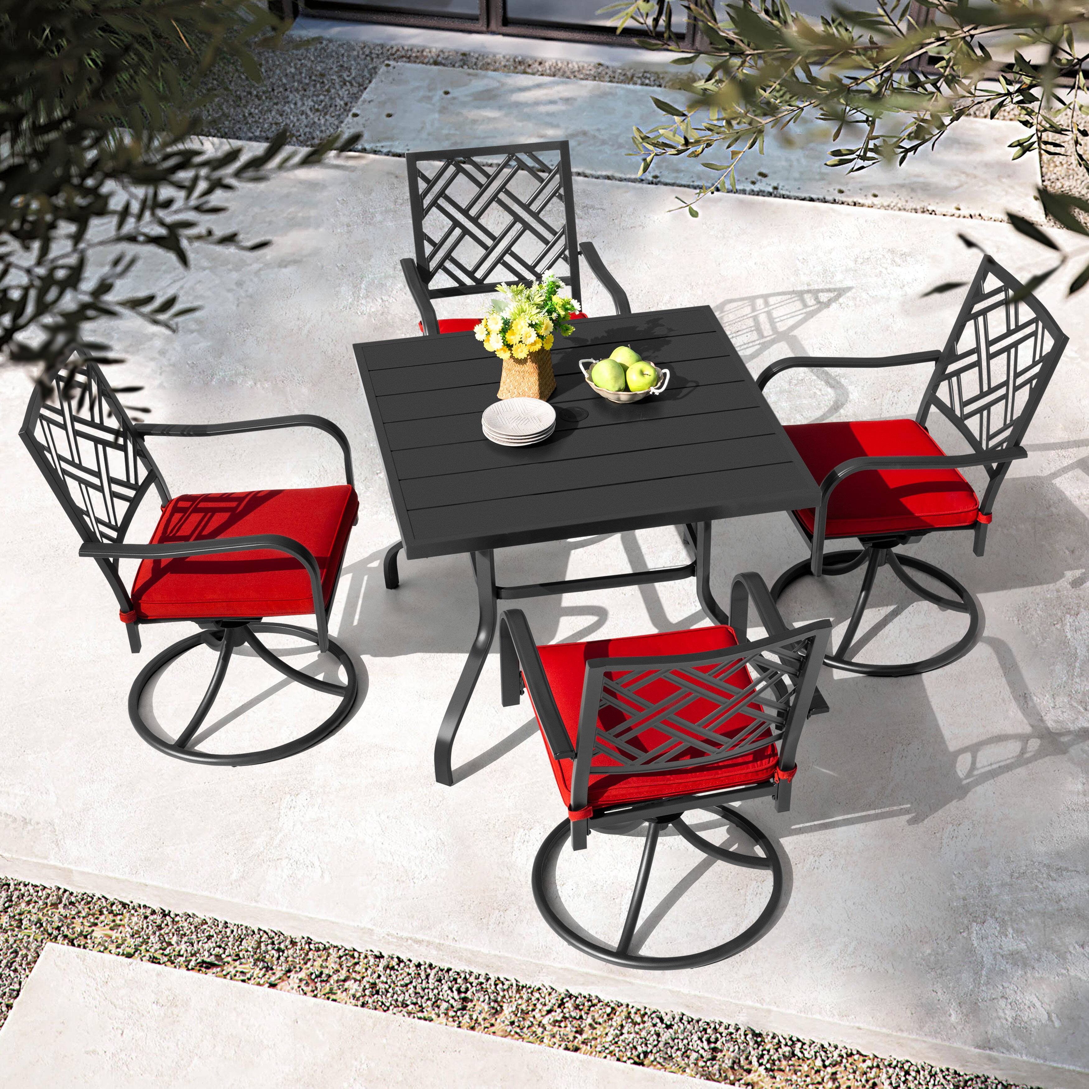 Left. Nuu Garden - 5PCS Metal Patio Dining Set with Umbrella Hole, Swivel Chairs with Cushions - Black and Red.