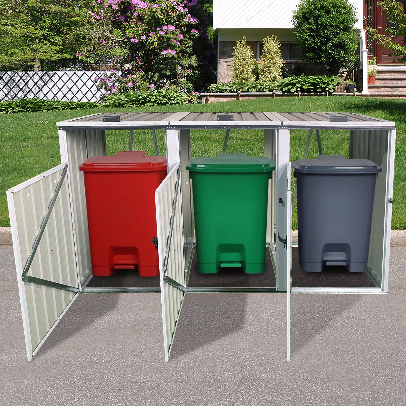 Angle. Mondawe - 3 Trash Cans Metal Outdoor Bin Shed - Dark Grey.
