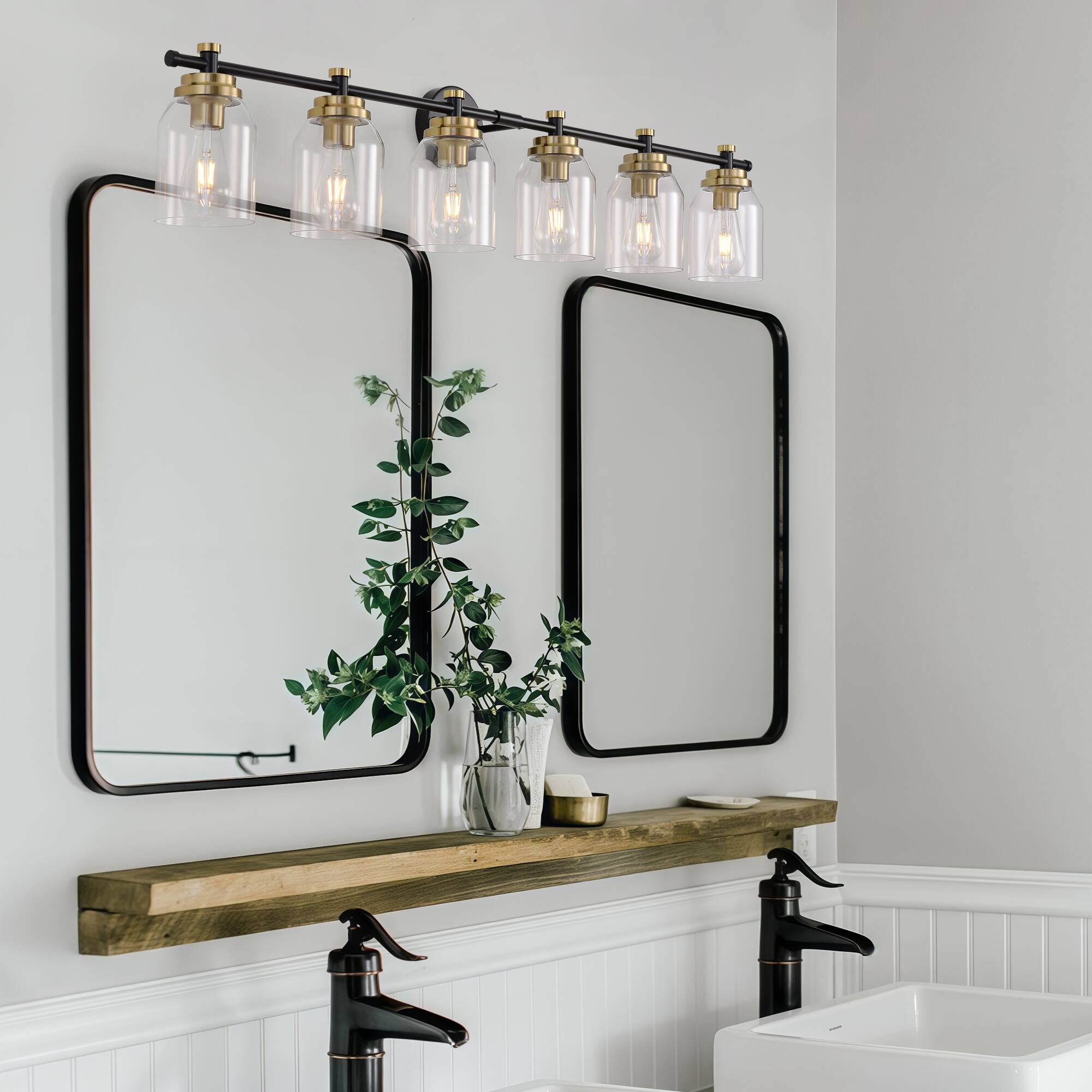 Left. RYHNUYNE - 6 Light Bathroom Vanity Light Black Gold Bathroom Light Fixture Over Mirror Lighting Fixtures with Clear Glass Shade.