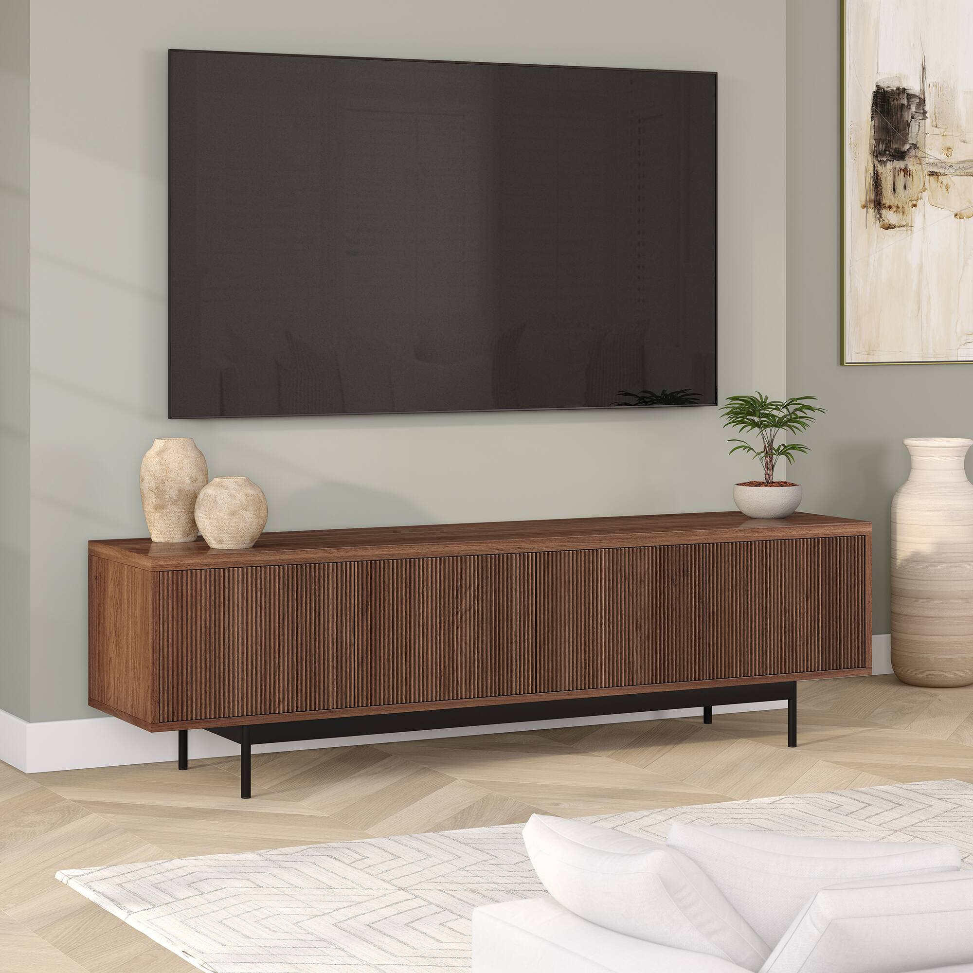 Alt View 3. Hudson&Canal - Whitman Rectangular Fluted TV Stand for TV's up to 75" in Satin Walnut - Satin Walnut.