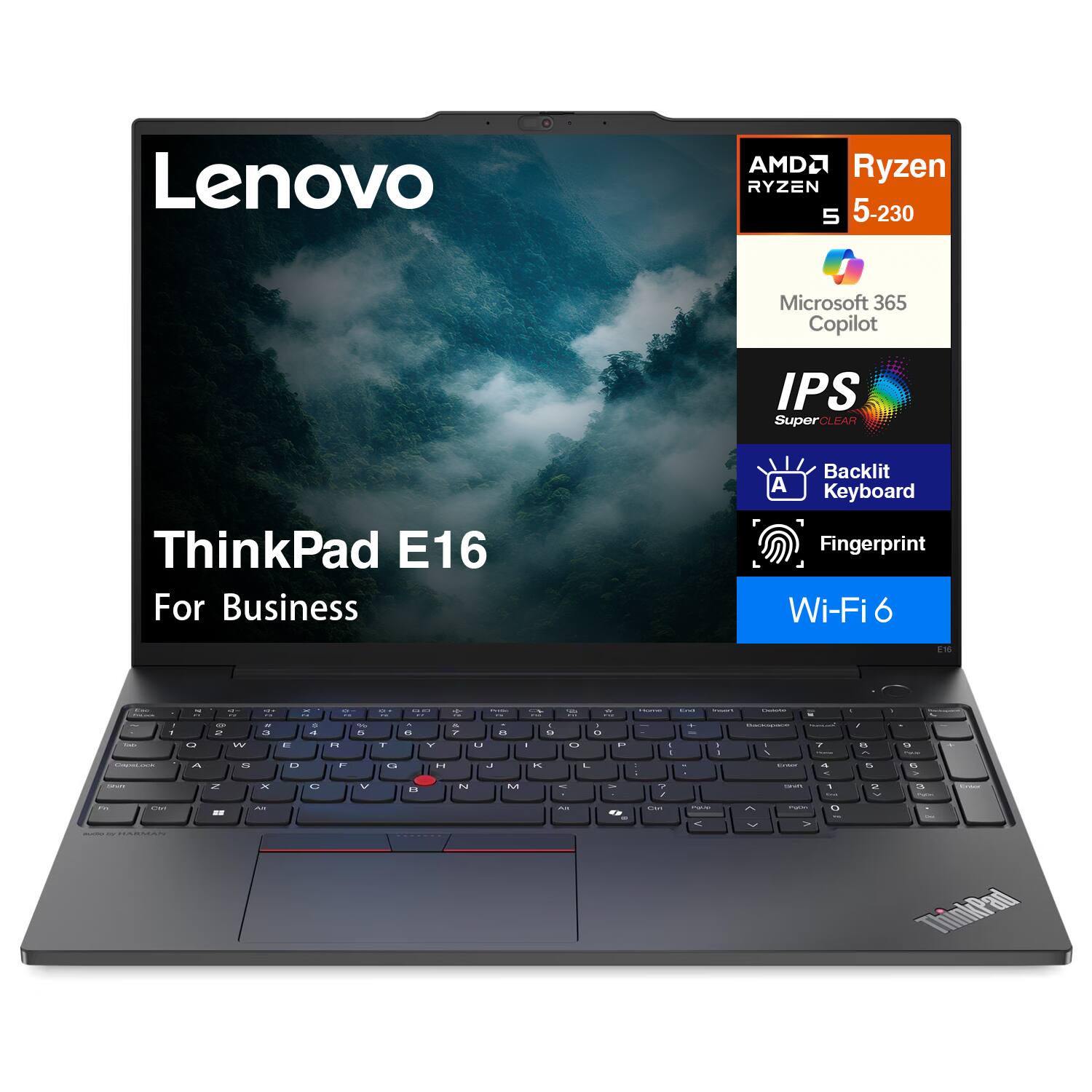 Lenovo ThinkPad E16 For Business  
AMD Ryzen 5 5-230  
Microsoft 365 Copilot  
IPS SuperCLEAR  
Backlit Keyboard  
Fingerprint  
Wi-Fi 6