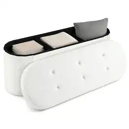 Costway - Storage Ottoman Bench 43" Oval Ottoman with Dividers Folding Teddy Boucle Footrest - White
