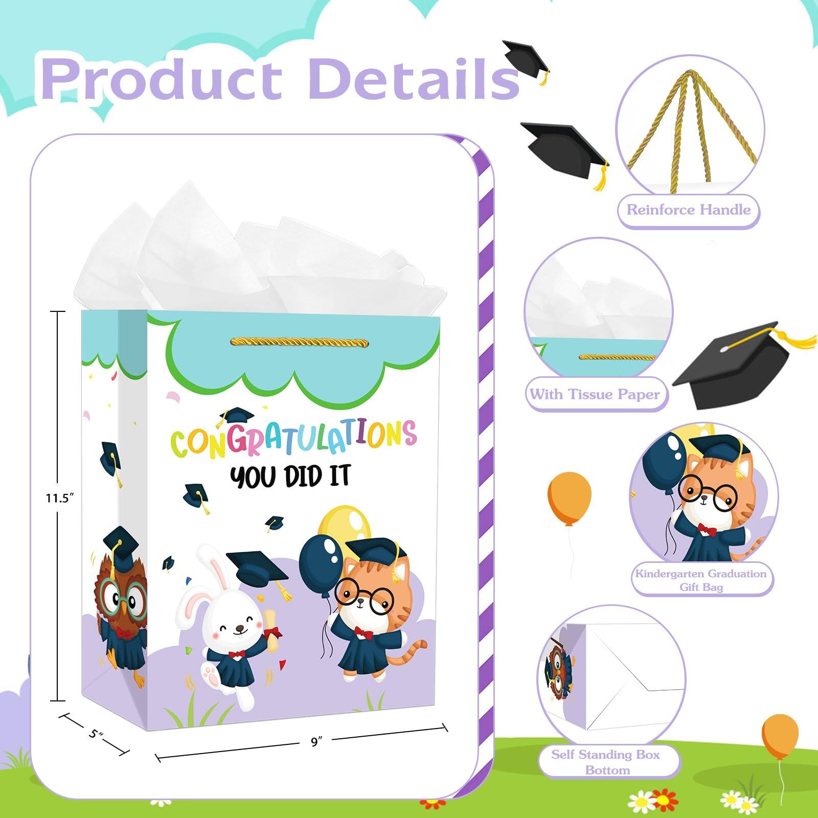 Product Details

- Reinforce Handle
- With Tissue Paper
- Kindergarten Graduation Gift Bag
- Self Standing Box Bottom

11.5" x 5" x 9"