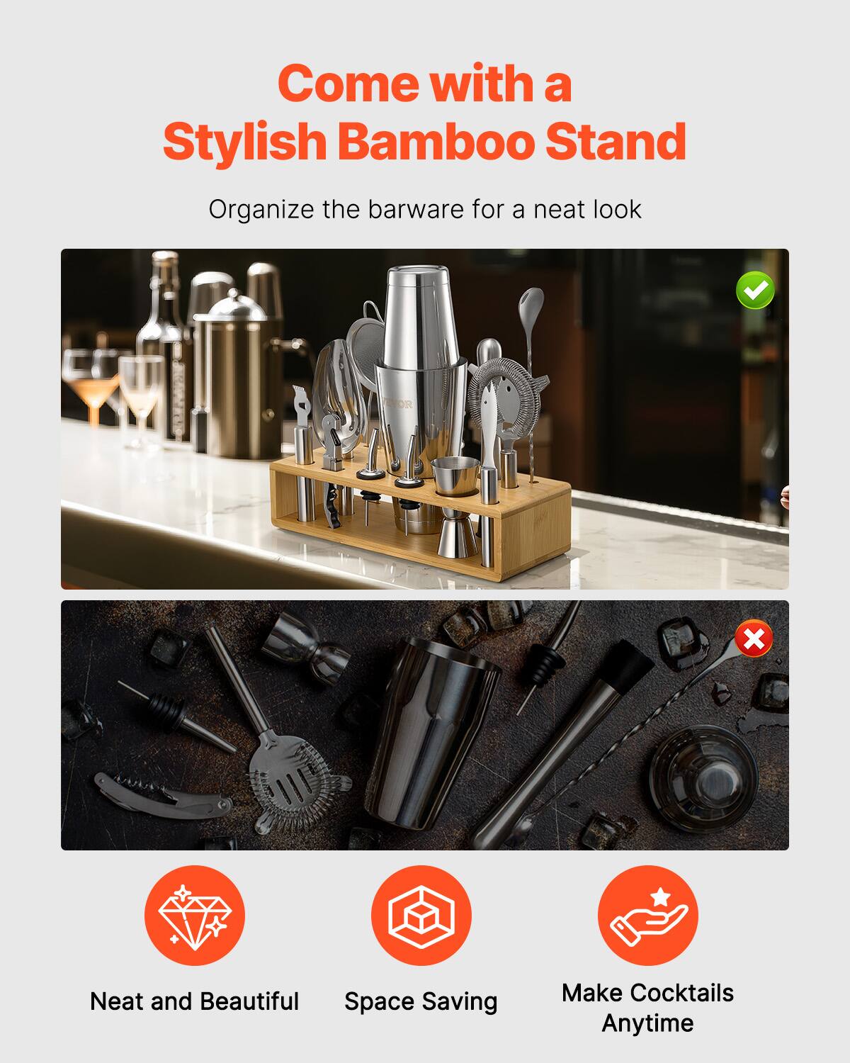 Come with a Stylish Bamboo Stand

Organize the barware for a neat look

Neat and Beautiful  
Space Saving  
Make Cocktails Anytime
