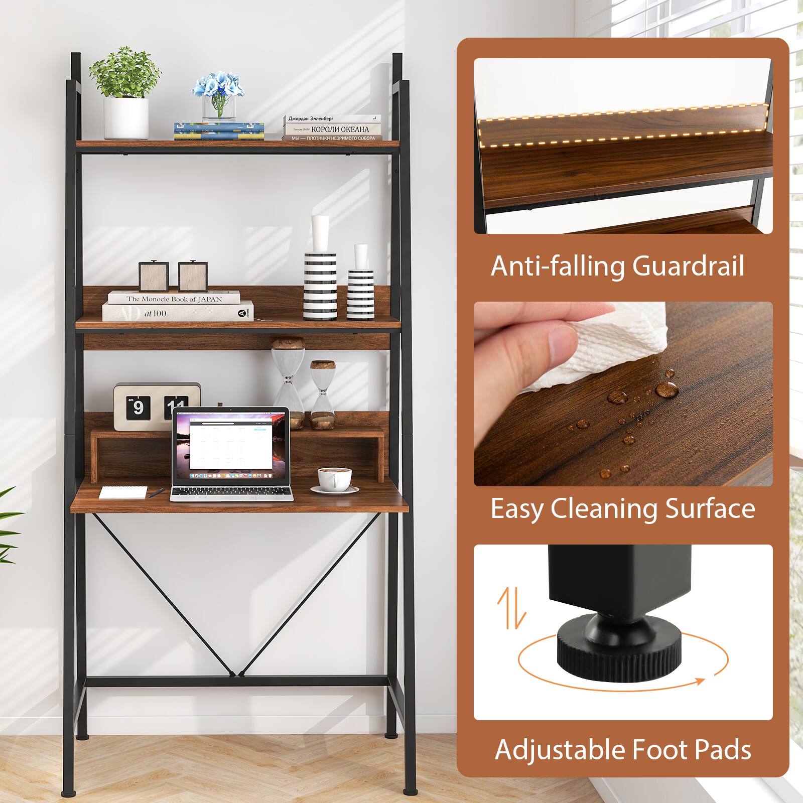 - Anti-falling Guardrail
- Easy Cleaning Surface
- Adjustable Foot Pads