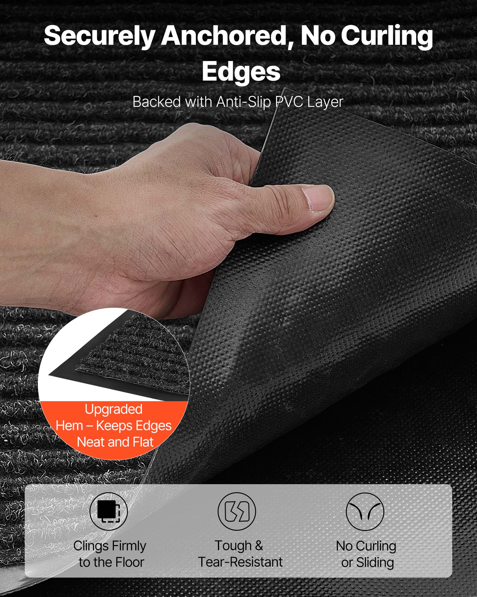 Sure, here is the corrected and grouped text:

---

**Securely Anchored, No Curling Edges**

- Backed with Anti-Slip PVC Layer

- Upgraded Hem – Keeps Edges Neat and Flat

- Clings Firmly to the Floor

- Tough & Tear-Resistant

- No Curling or Sliding

---