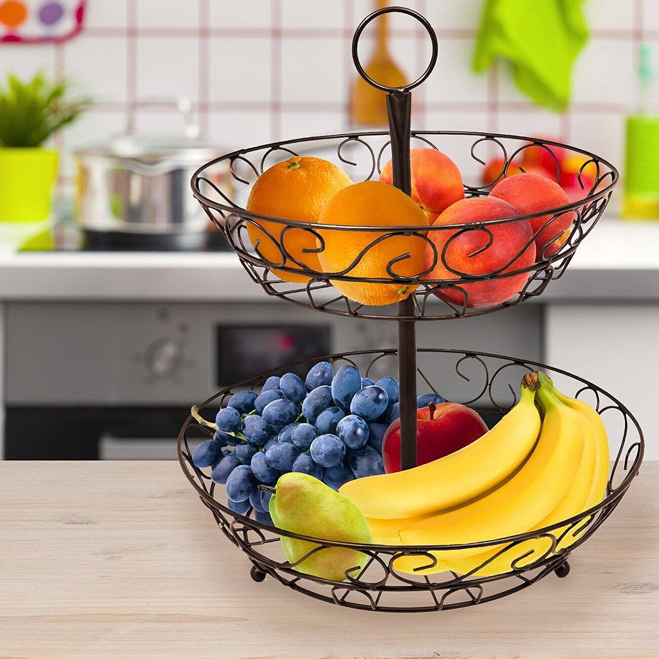 Angle. Sorbus - Sorbus 2-Tier Metal Countertop Fruit Basket & Bowl Stand - Stylish Storage for Kitchen & Dining - Bronze - Brown.