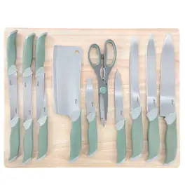 Oster - Linbergh 14 Piece Stainless Steel Cutlery and Cutting Board Set with Soft-Grip Handles - Green