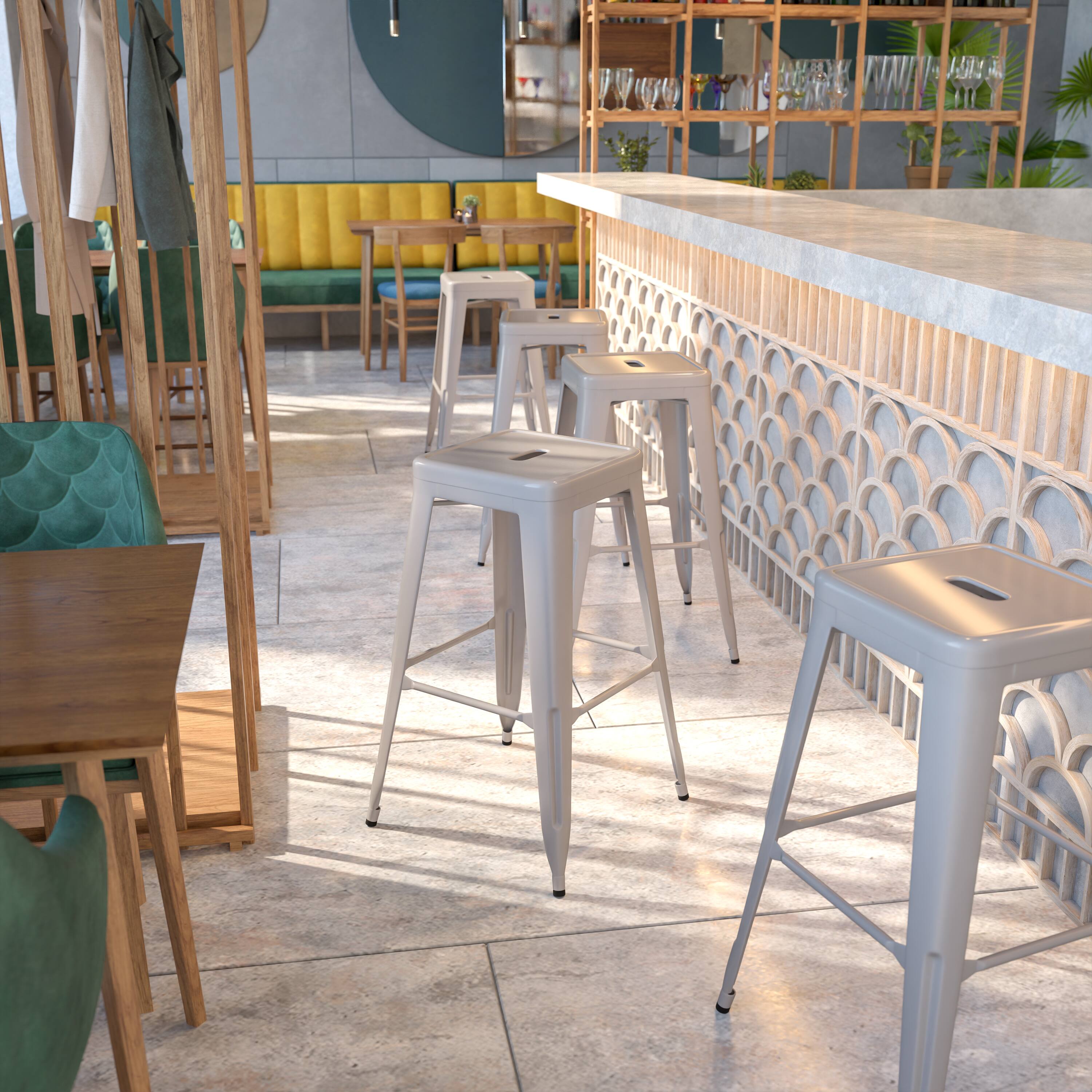 Angle. Flash Furniture - Kai Commercial Grade 30" High Backless Silver Metal Indoor-Outdoor Barstool with Square Seat - Gray.