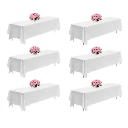 Front. VEVOR - White Tablecloths for Rectangle Tables, 6 Pack, 90 x 132 Inches, Reusable and Machine Washable Table Clothes - White.