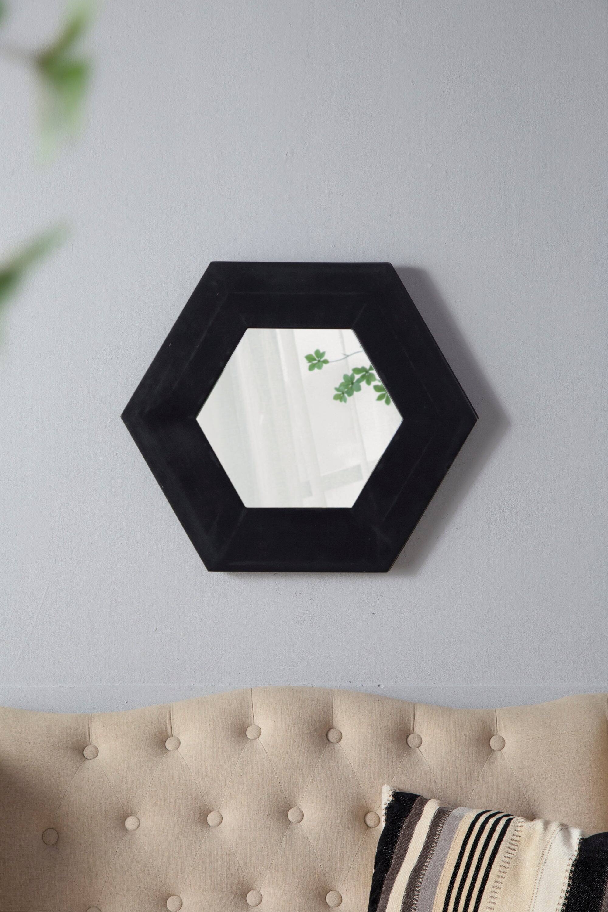 Angle. BreeBe - 18.5' x 18.5' Hexagon Mirror with Solid Wood Frame, Wall Decor for Living Room Bathroom Hallway, Black - Black.