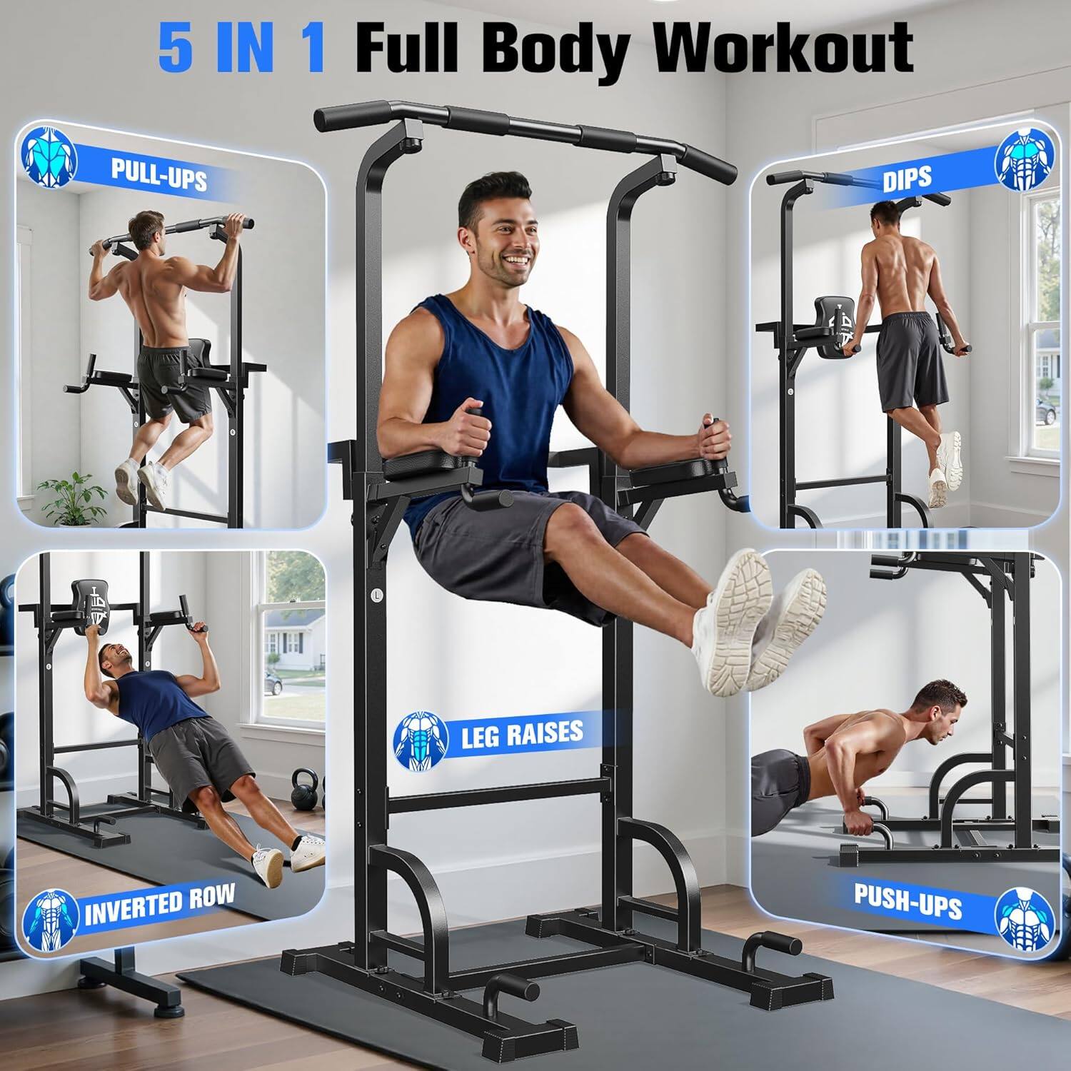 5 IN 1 Full Body Workout

- PULL-UPS
- DIPS
- LEG RAISES
- INVERTED ROW
- PUSH-UPS