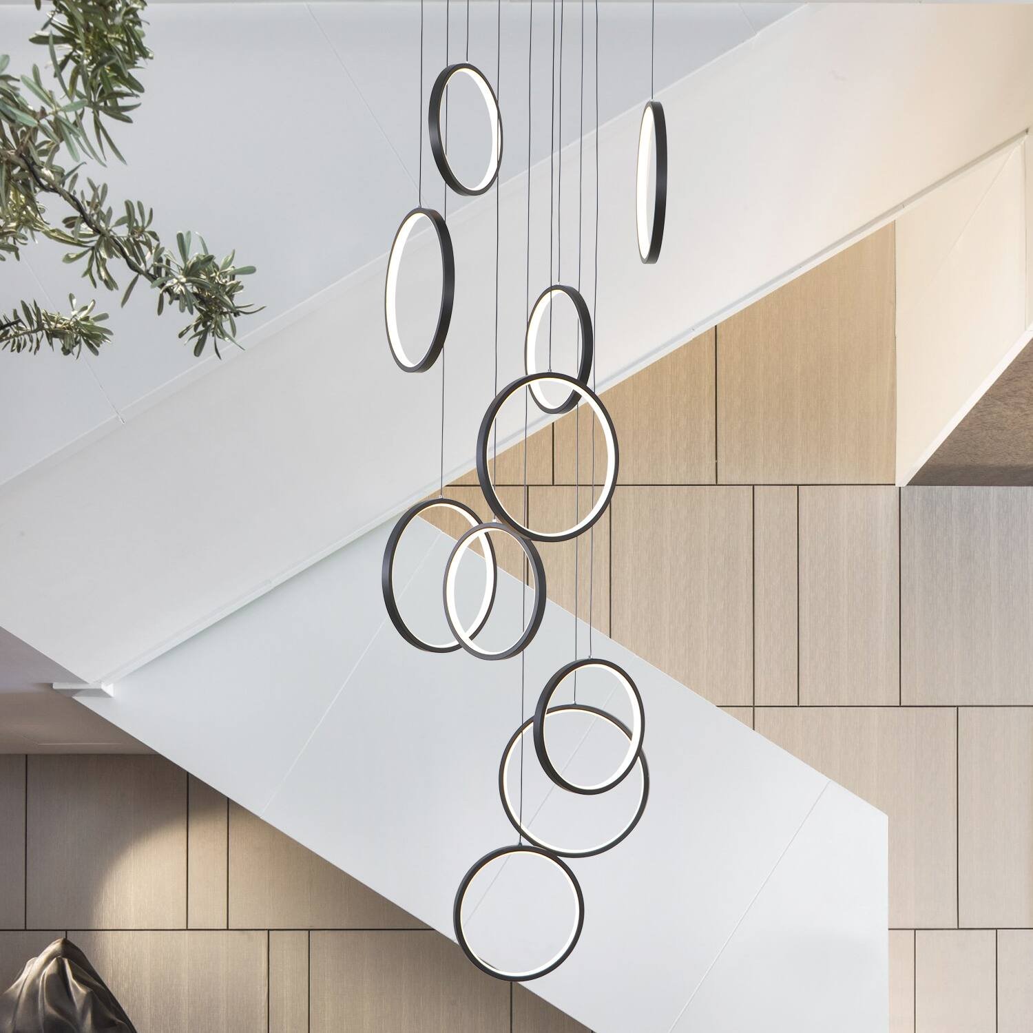 Alt View 1. Umeiluce - 10 Lights Dimmable LED Geometric Chandelier Hanging Pendant for Staircase Stairs - Matte Black.