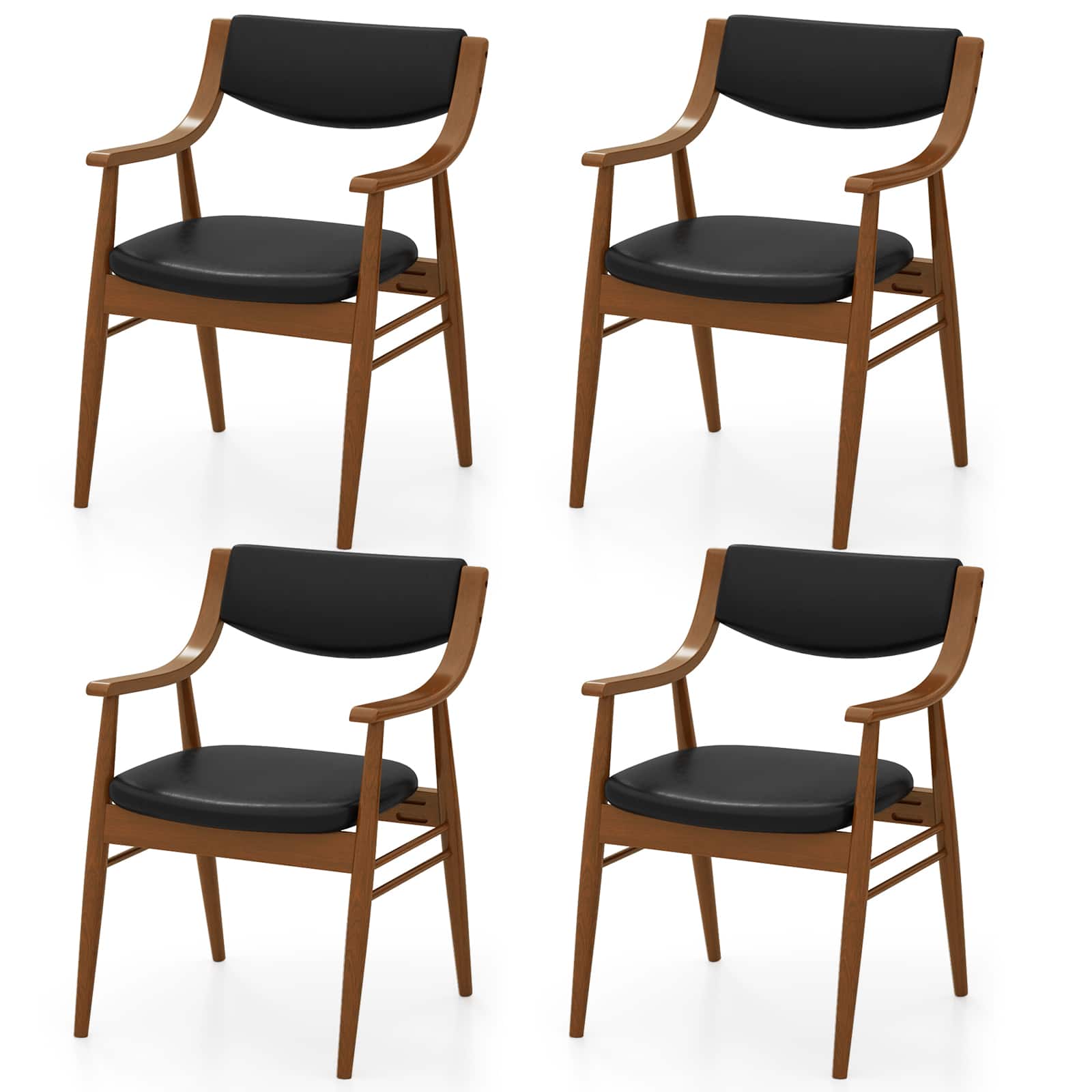 Gymax - Set Of 4 PU Leather Dining Chair w/ Padded Seat & Back Armrests Rubber Wood Frame Black - Walnut, Black