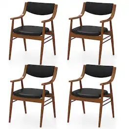 Gymax - Set Of 4 PU Leather Dining Chair w/ Padded Seat & Back Armrests Rubber Wood Frame Black - Walnut, Black