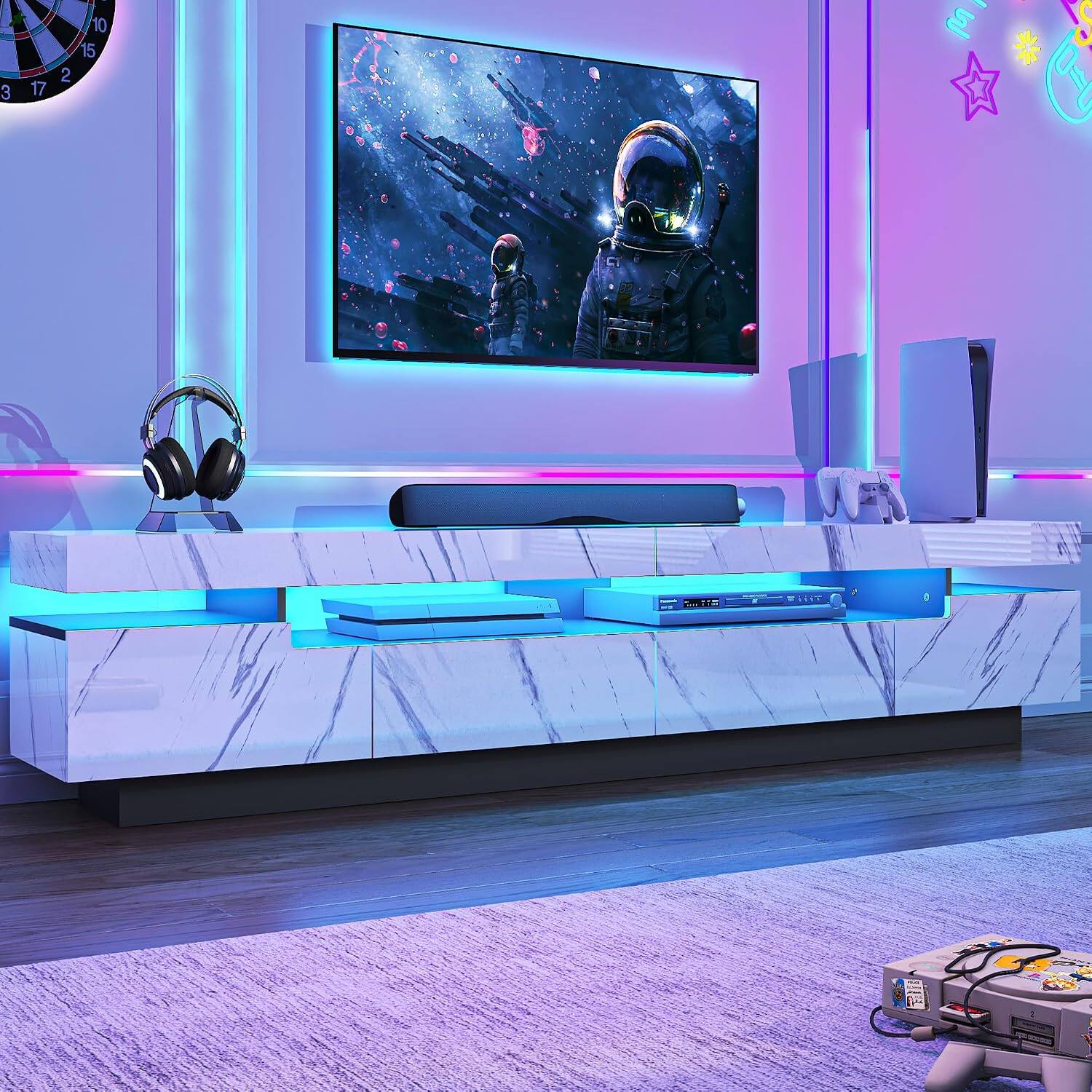 Angle. Espafurni - 82.7" TV Stand for 75 - 90" TVs - Modern LED Storage Drawer, APP - RGB Light - Marbling White.