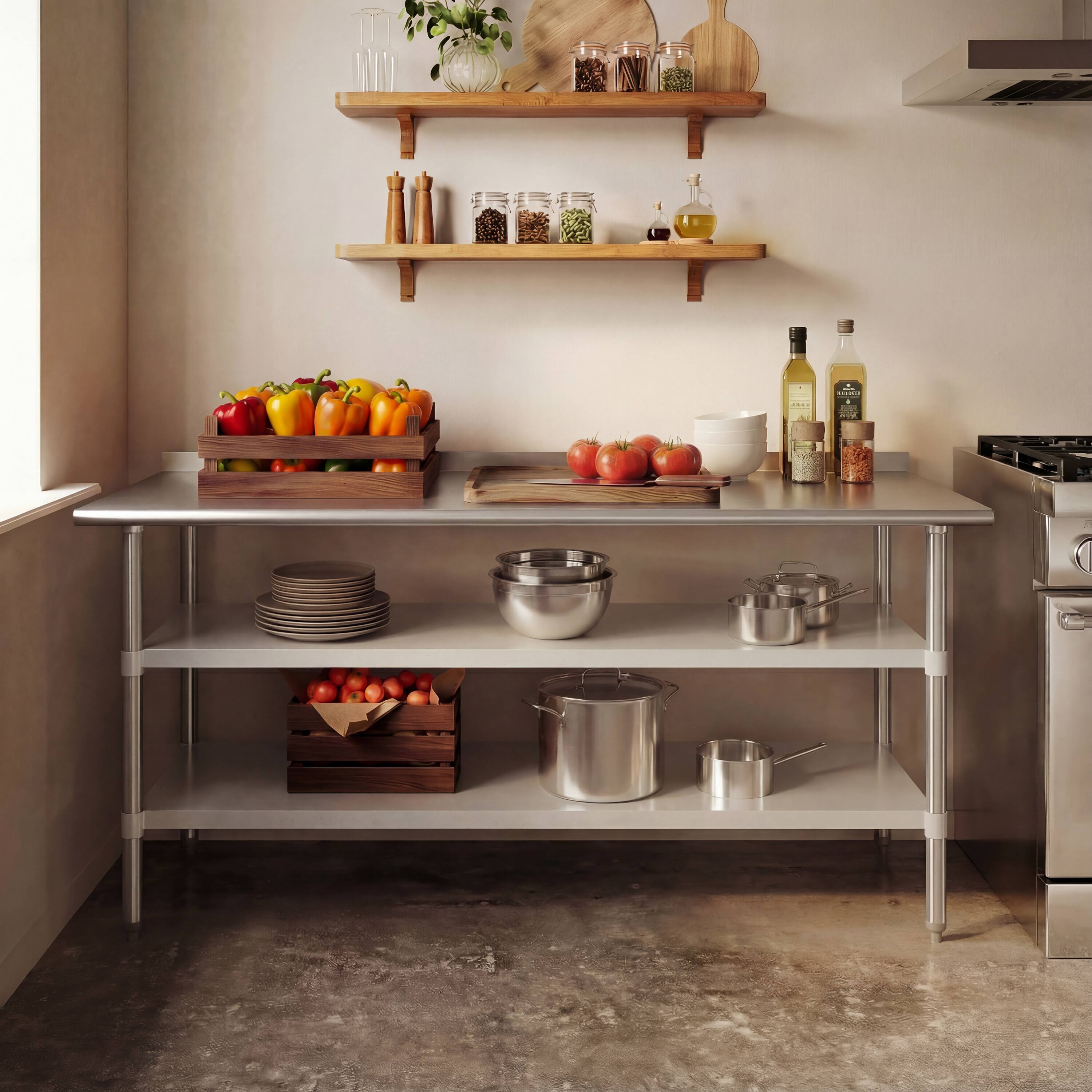 Alt View 1. Flash Furniture - Ravenel Stainless Steel 18 Gauge Work Table with 2 Undershelves - 72"W x 30"D x 34.5"H, NSF - Gray.