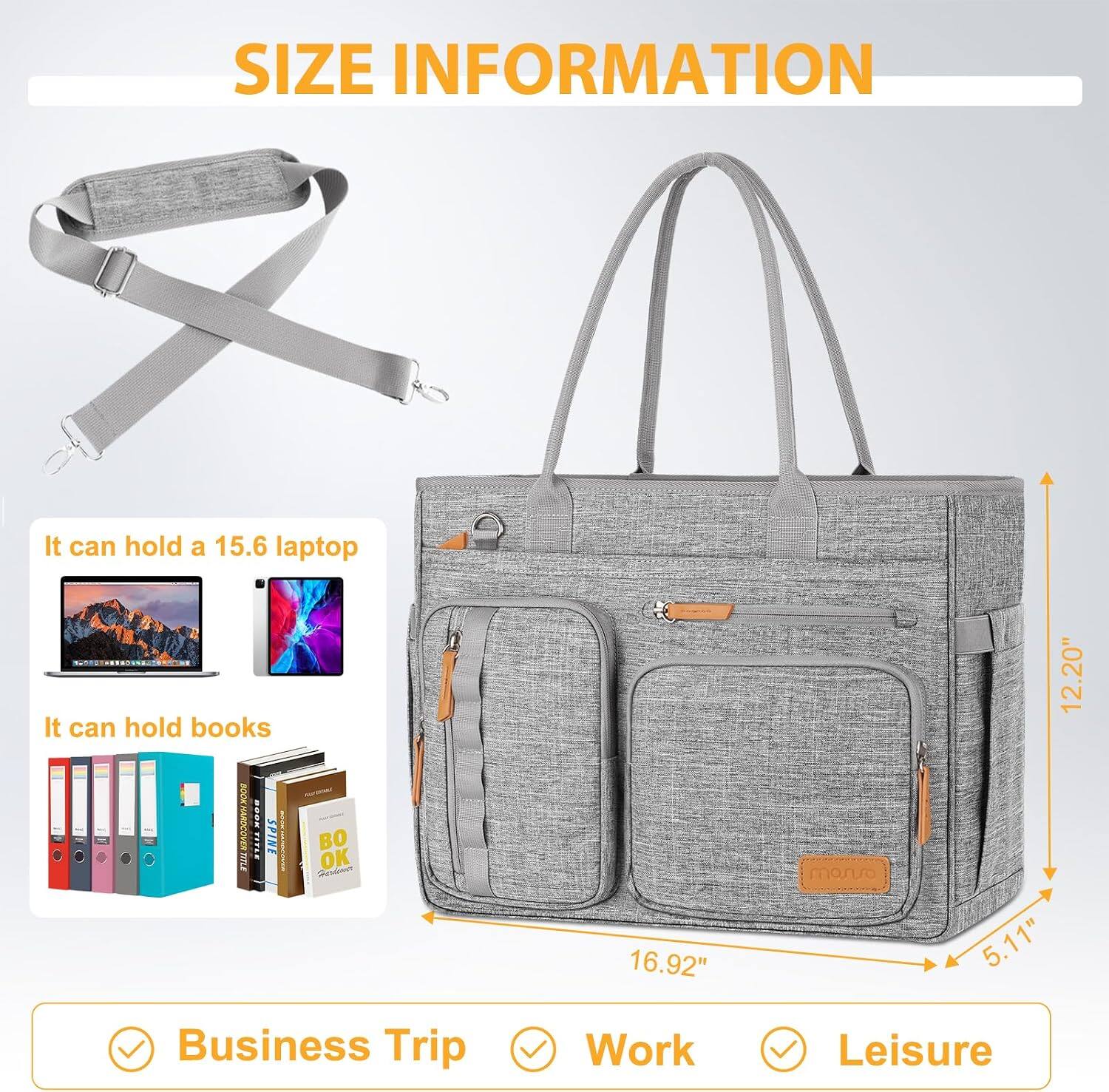 SIZE INFORMATION

It can hold a 15.6 laptop
It can hold books

12.20"
16.92"
5.11"

BOOK HARDCOVER BOOK TITLE SPINE BOOK HARDCOVER TITLE
BO OK Gardewer
manso

Business Trip
Work
Leisure