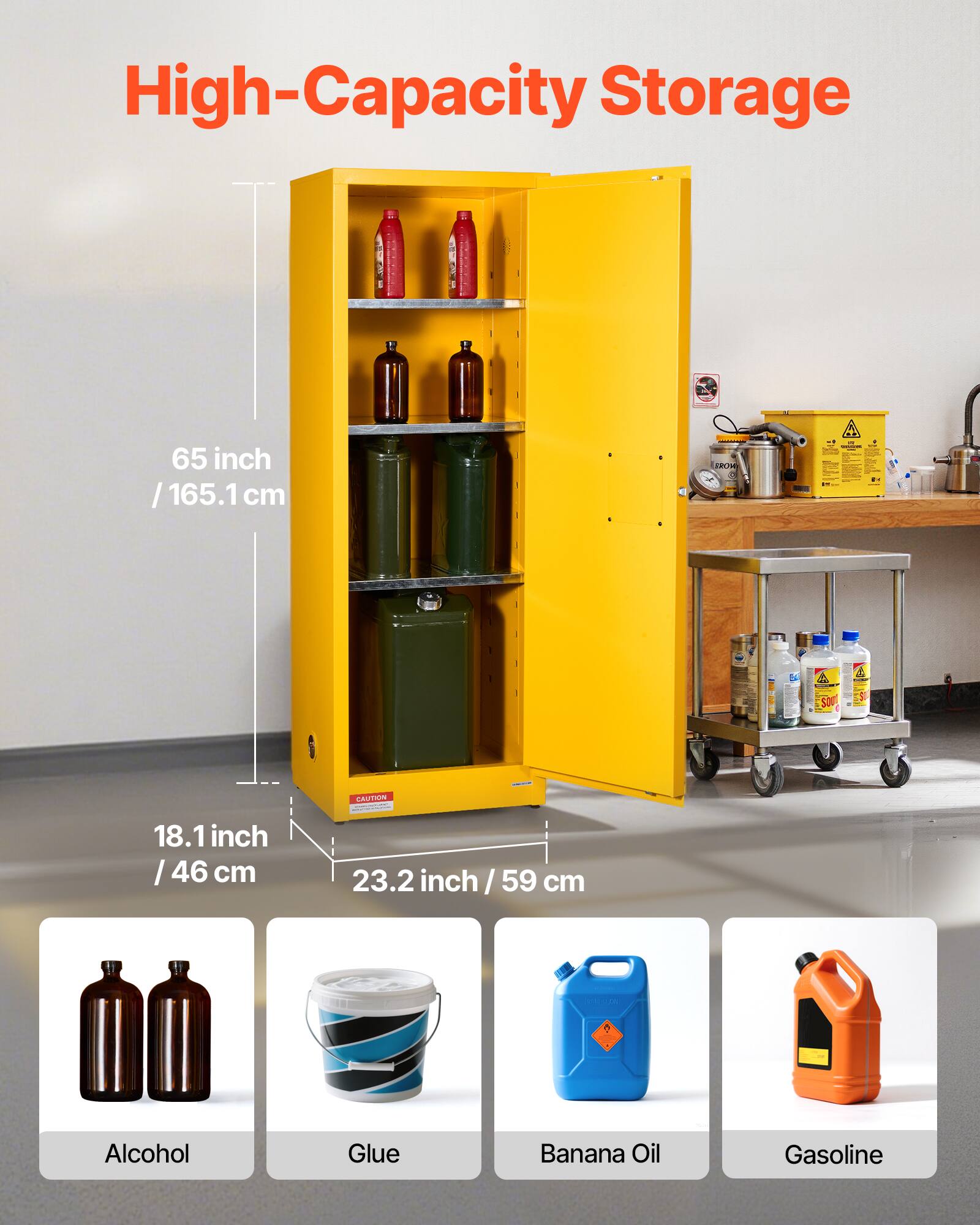 High-Capacity Storage  
65 inch / 165.1 cm  
18.1 inch / 46 cm  
23.2 inch / 59 cm  

- Alcohol  
- Glue  
- Banana Oil  
- Gasoline