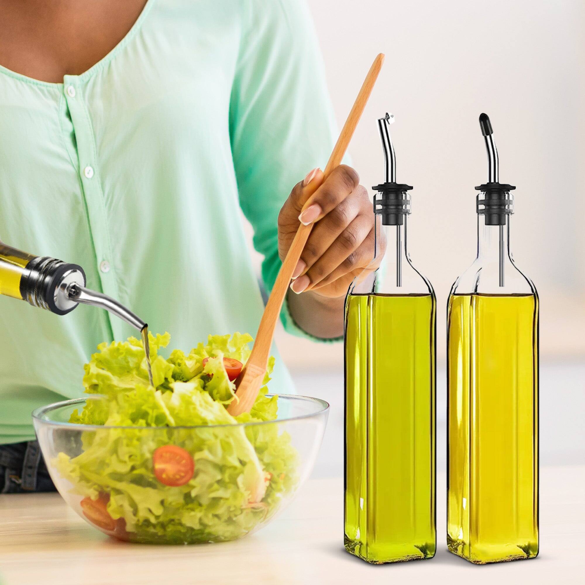 Back. Cheer Collection - 2 Pack Glass Olive Oil Dispenser Set 17oz with Funnel Brush Spouts and Labels - Clear.