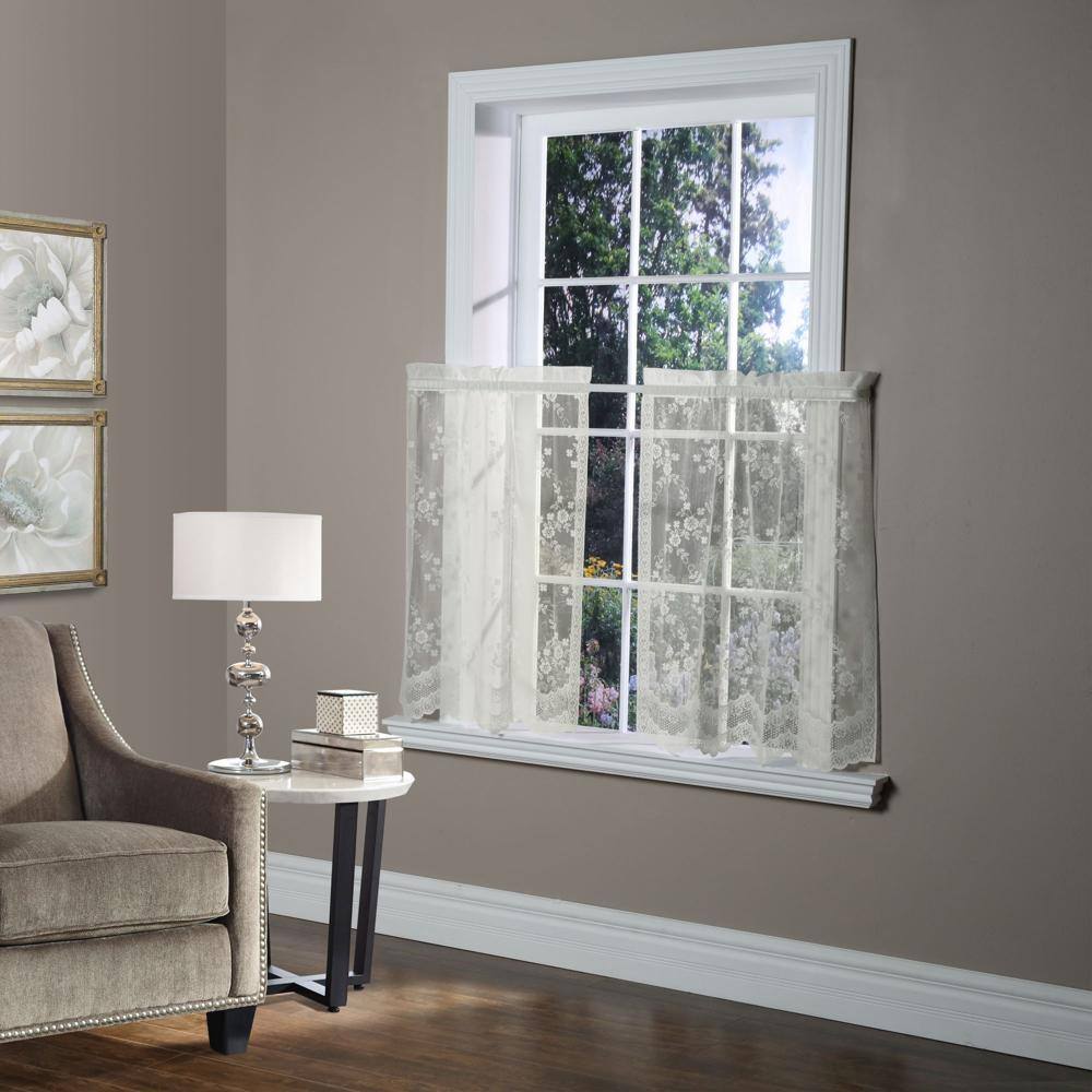 Front. Commonwealth Home Fashions - Habitat Mona Lisa Jacquard Scalloped Lace Tailored Tiers Pair - 56"x24" Shell - Shell.