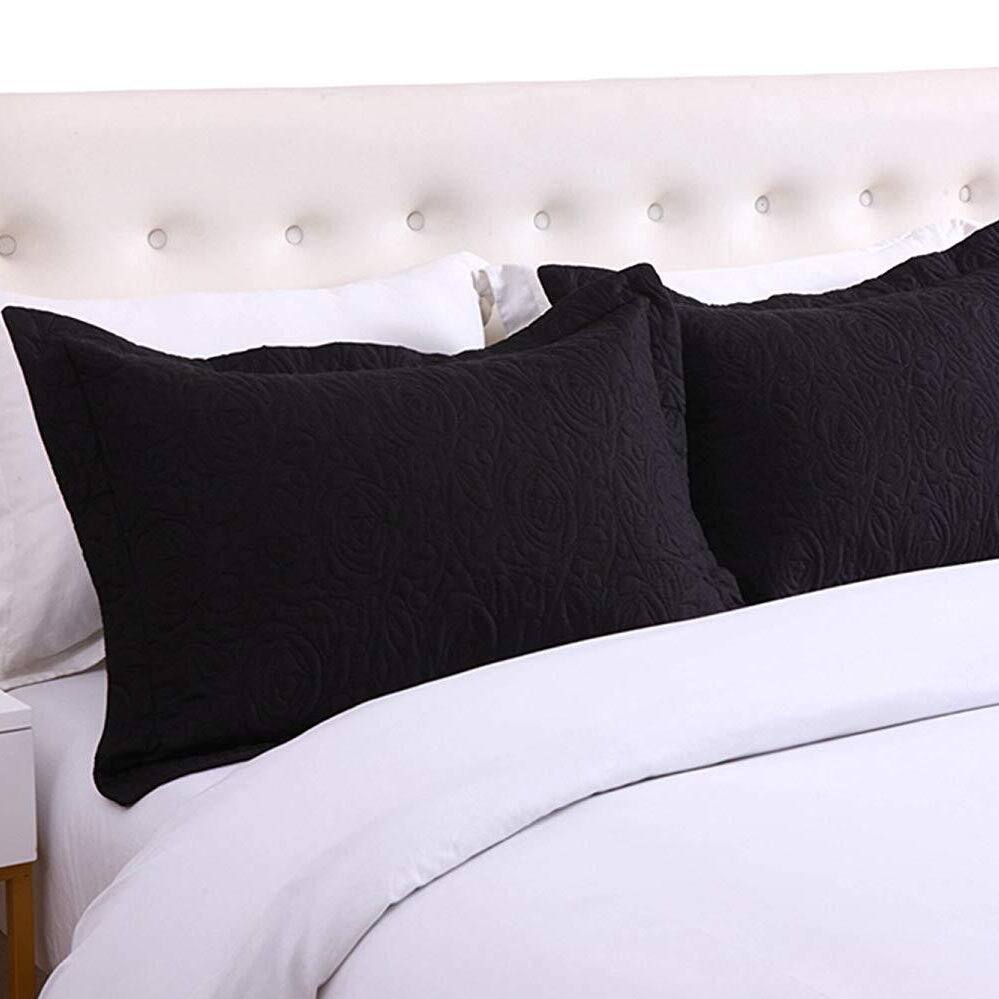 Angle. MarCielo - 2-Pack Embroidered Solid Color Pillow Shams Polyester - Black.