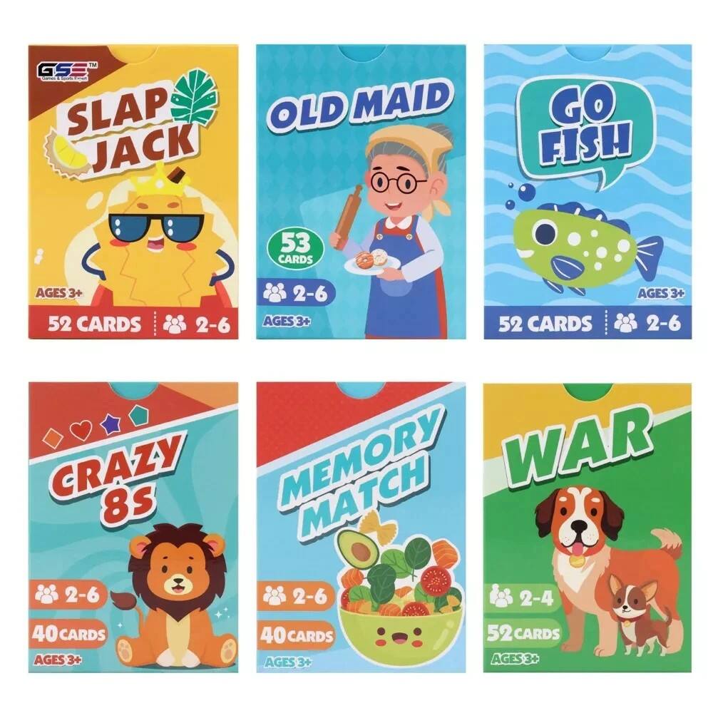 - SLAP JACK: 52 CARDS, AGES 3+, 2-6
- OLD MAID: 53 CARDS, AGES 3+, 2-6
- GO FISH: 52 CARDS, AGES 3+, 2-6
- CRAZY 8S: 40 CARDS, AGES 3+, 2-6
- MEMORY MATCH: 40 CARDS, AGES 3+, 2-6
- WAR: 52 CARDS, AGES 3+, 2-4