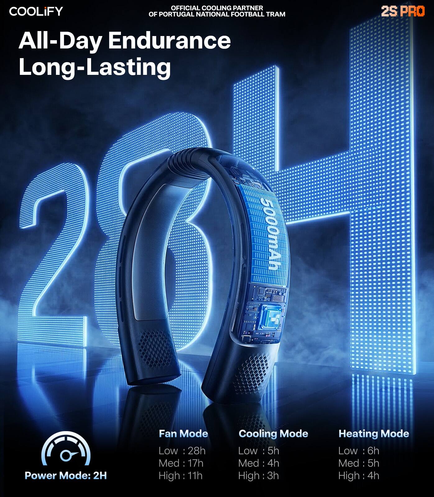 OFFICIAL COOLIFY OF PORTUGAL NATIONAL FOOTBALL TEAM

All-Day Endurance Long-Lasting

20,500mAh

2S PRO

Fan Mode
- Low: 28h
- Med: 17h
- High: 11h

Cooling Mode
- Low: 5h
- Med: 4h
- High: 3h

Heating Mode
- Low: 6h
- Med: 5h
- High: 4h

Power Mode: 2H