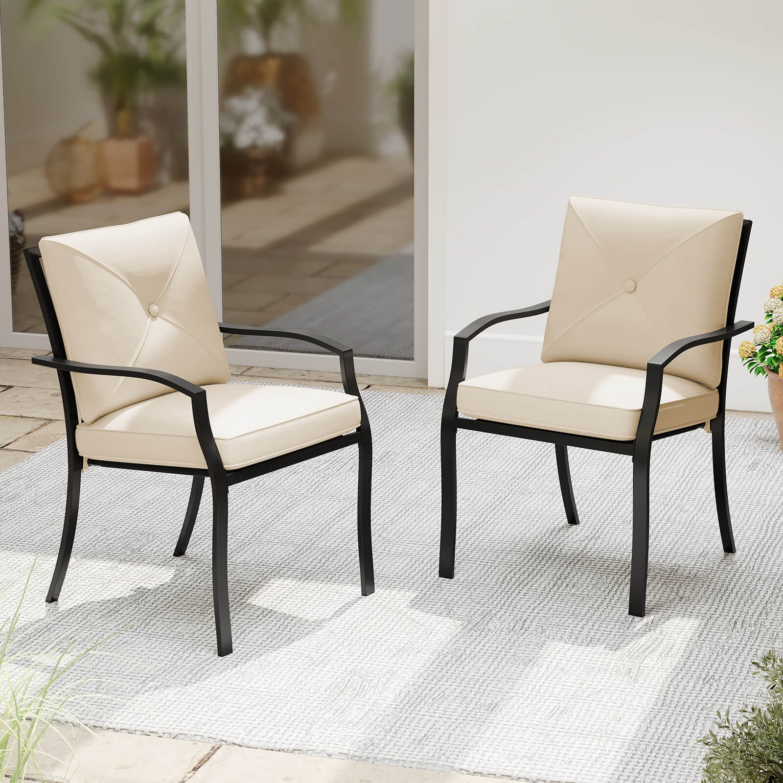 Alt View 1. Costway - Costway Outdoor Patio Dining Chair Set of 2 Stackable Garden Chairs with Metal Frame - Beige+Black.