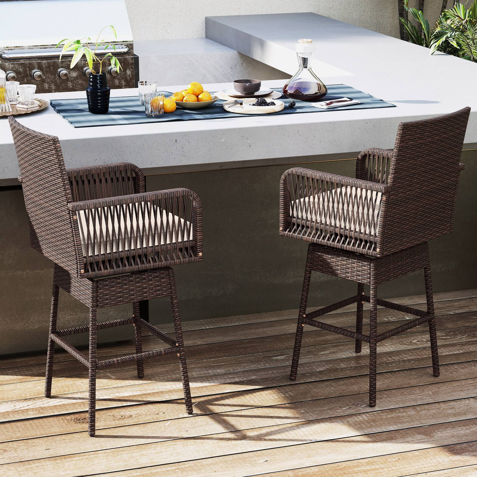 Alt View 3. Costway - Costway 1 PCS 29" Patio 360° Swivel Bar Stool with Cross-Woven Armrests Footrest & Seat Cushion - Brown.