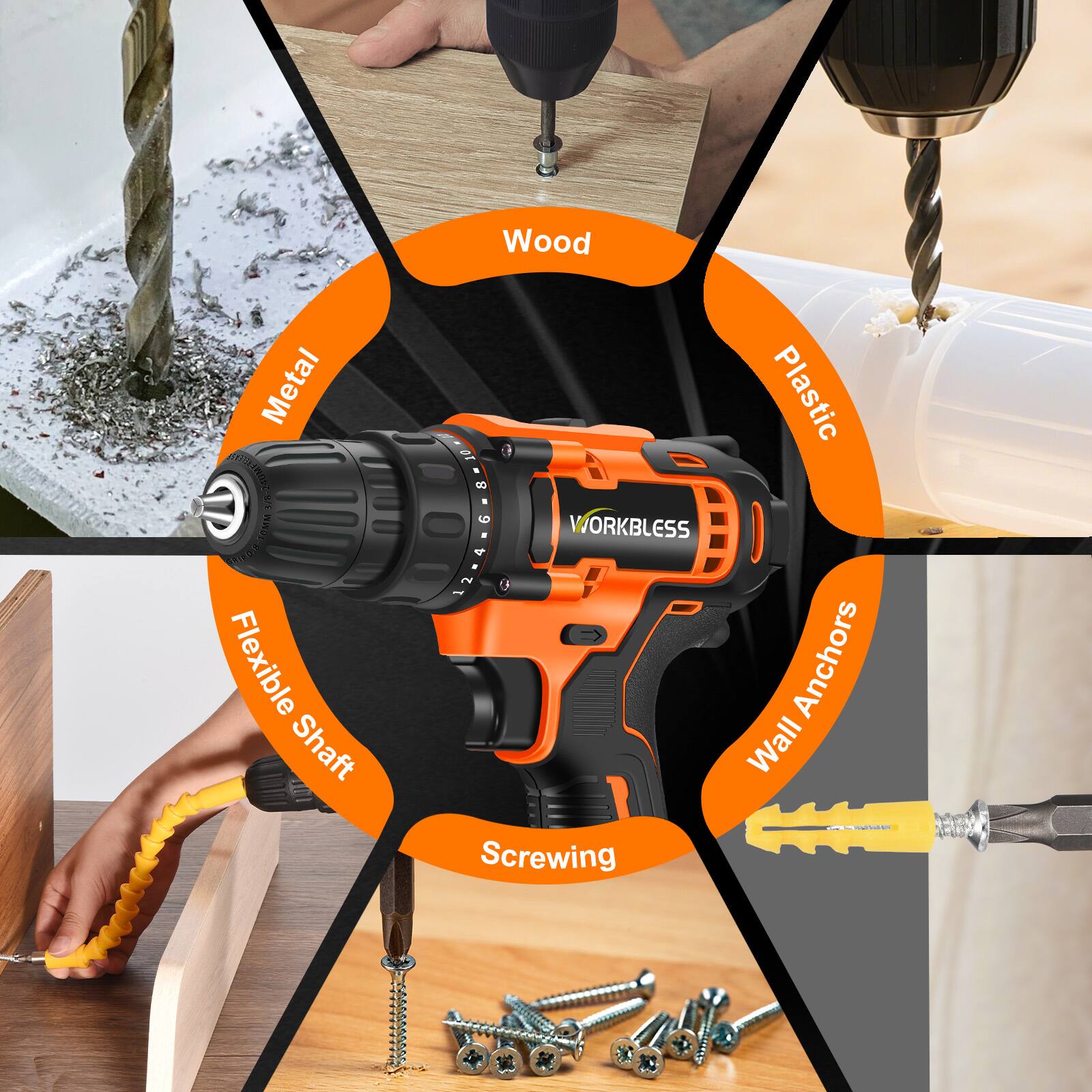 Wood Metal DS J E Flexible Shaft 1 Plastic I I . do . 13.4.6.801 6 - WORKBLESS 4 2 1 Anchors Wall Screwing