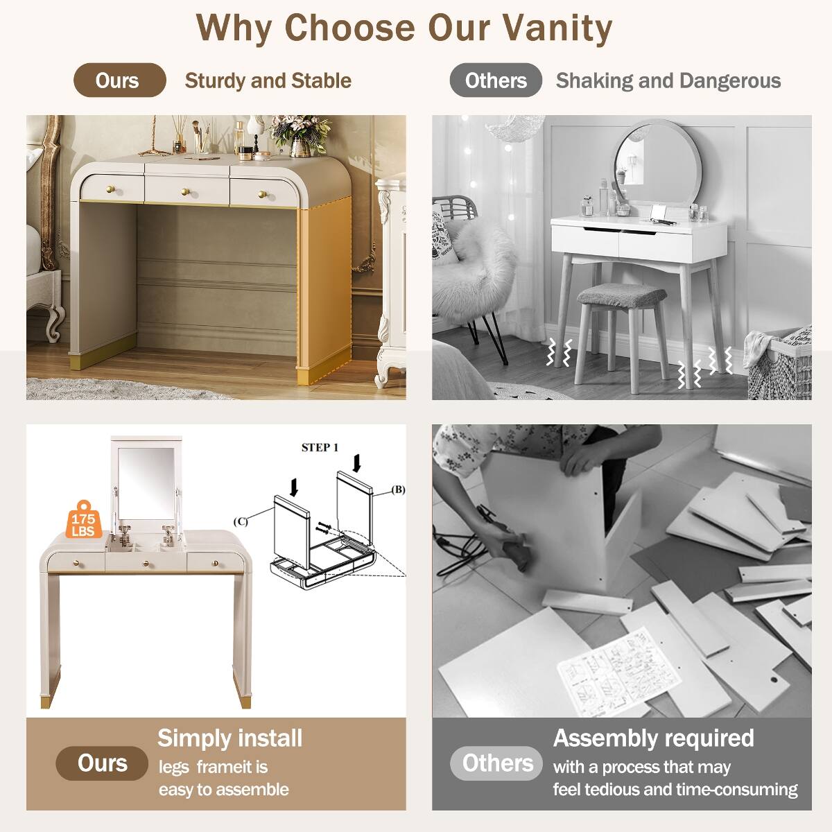 Why Choose Our Vanity

Ours
Sturdy and Stable

Others
Shaking and Dangerous

STEP 1
175 LBS

Simply install
Ours legs frame it is easy to assemble

Assembly required
Others with a process that may feel tedious and time-consuming