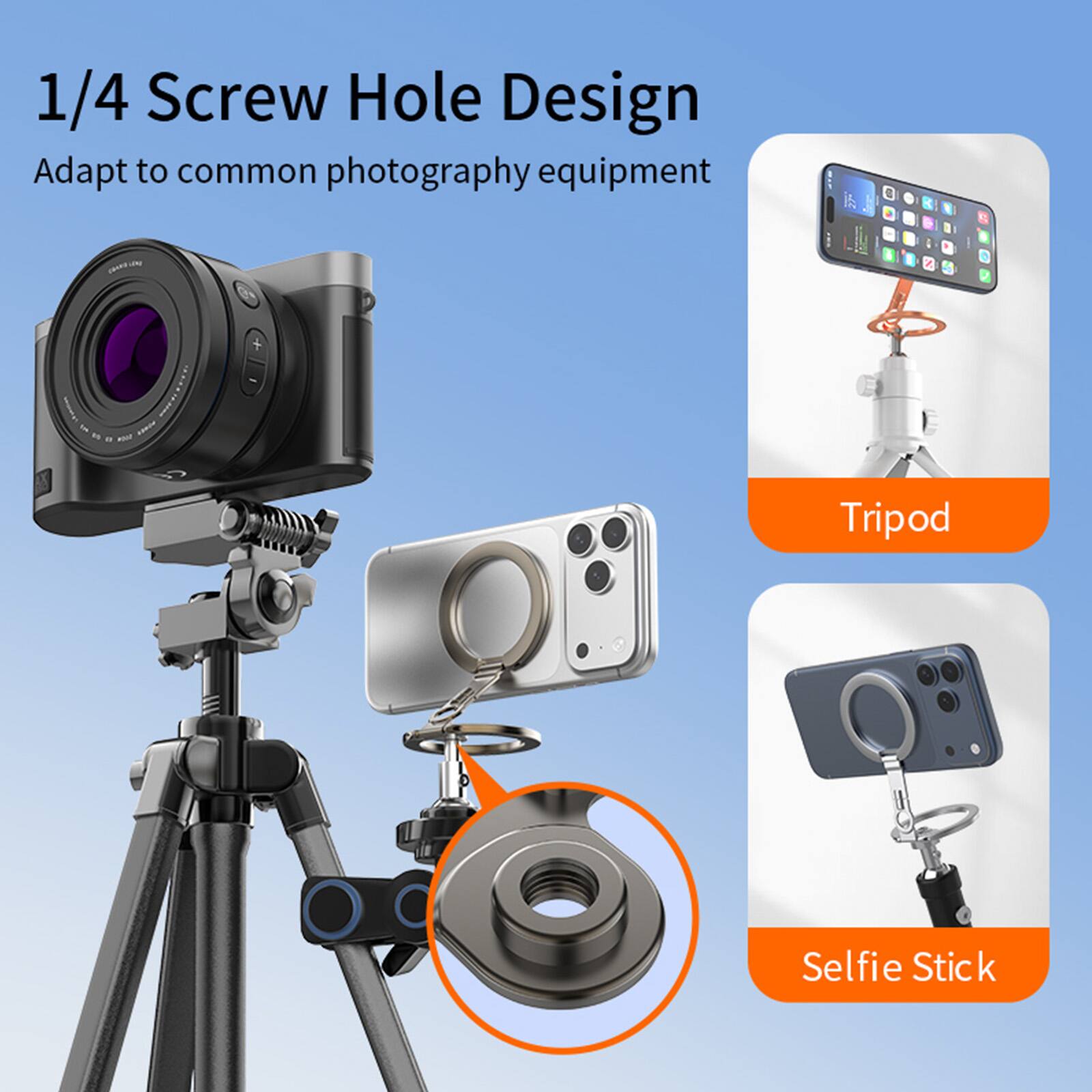 1/4 Screw Hole Design  
Adapt to common photography equipment  
Tripod  
Selfie Stick