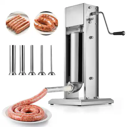 Front. VEVOR - Manual Sausage Stuffer, 11 LBS / 5 L Vertical Meat Stuffer, Dual-Speed Sausage Casing Meat Filling Machine - Silver.