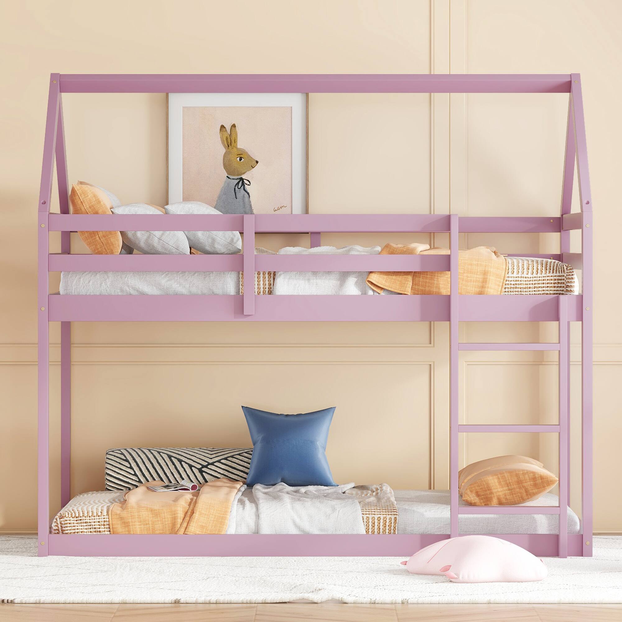 Alt View 6. Spaco - Spaco Twin over Twin Bunk Bed with Ladder, Rubber Wood Floor, Guardrails, House-Shaped-Bunk Bed, for Bedroom Kids Room - Pink.