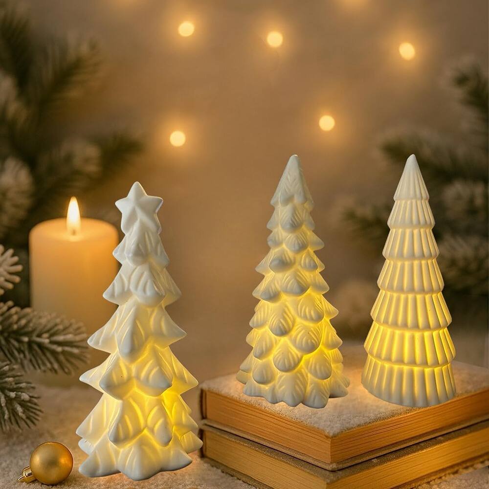 Front. RTMB - 3-Piece Lighted Ceramic Christmas Tree Set for Tabletop, Mantel, Shelf, Fireplace Holiday Decorations - White.